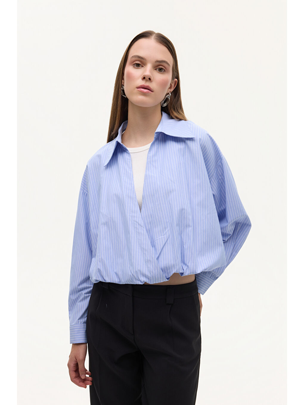 Çizgili Geniş Yaka Atlet Garnili Gömlek Bluz Mavi