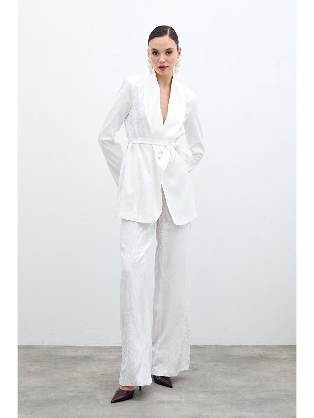 Yüksek Bel Desenli Pantolon - Ekru-2