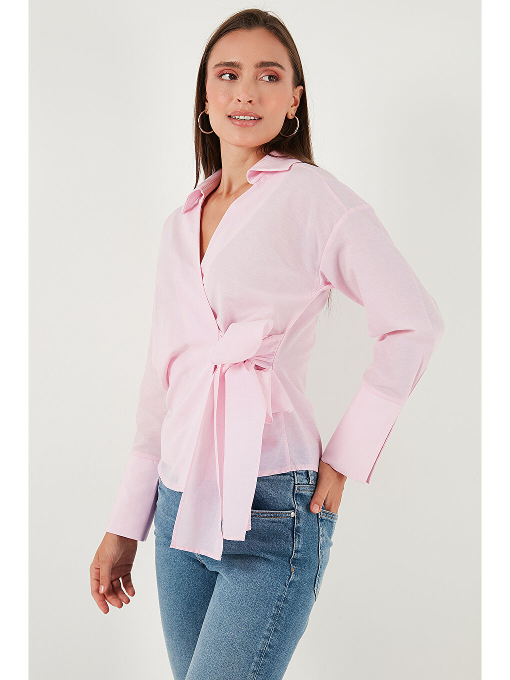 Pembe Pamuklu Regular Fit Uzun Kollu Bağlama Detaylı Gömlek 65200538-2