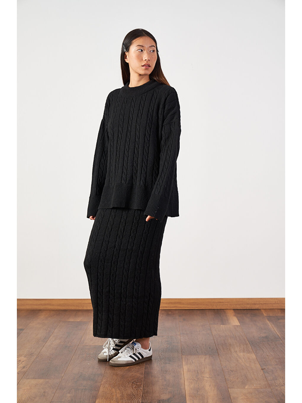 Saç Örgü Oversize Kazak Uzun Etek Triko Takımı Siyah-2