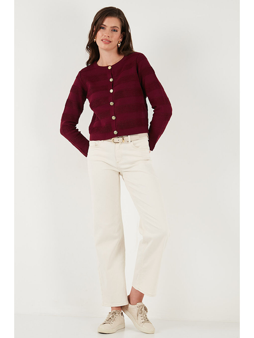 Bordo Premium Regular Fit Bisiklet Yaka Düğmeli Dokulu Triko Hırka 680HI00337-5