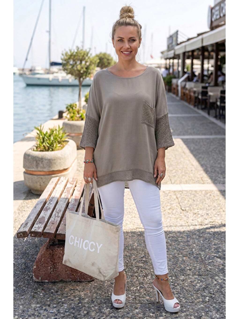 Bej Vizon Bisiklet Yaka 3/4 Kol, Kol Ve Etek Ucu File Detaylı Casual Müslin Oversize Dokuma Bluz 60 65-3