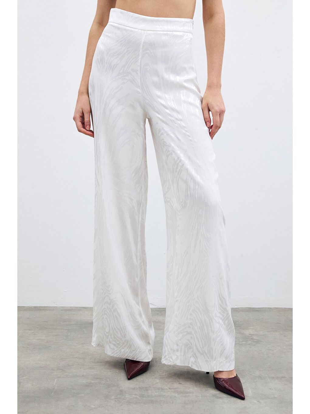 Yüksek Bel Desenli Pantolon - Ekru-4