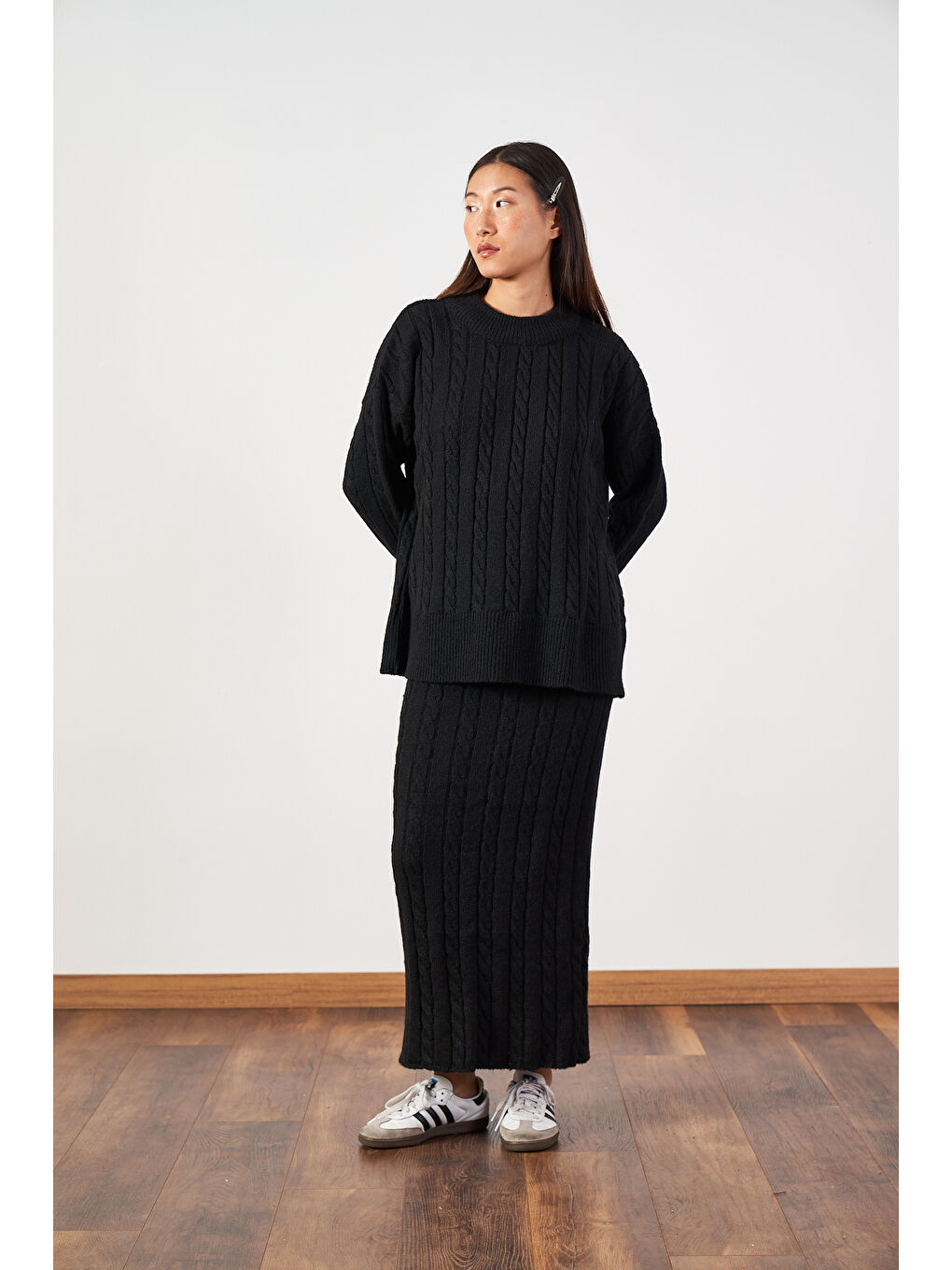 Saç Örgü Oversize Kazak Uzun Etek Triko Takımı Siyah-3