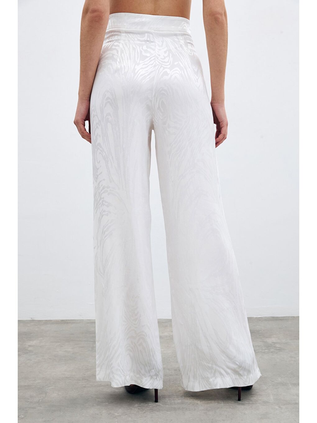 Yüksek Bel Desenli Pantolon - Ekru-5