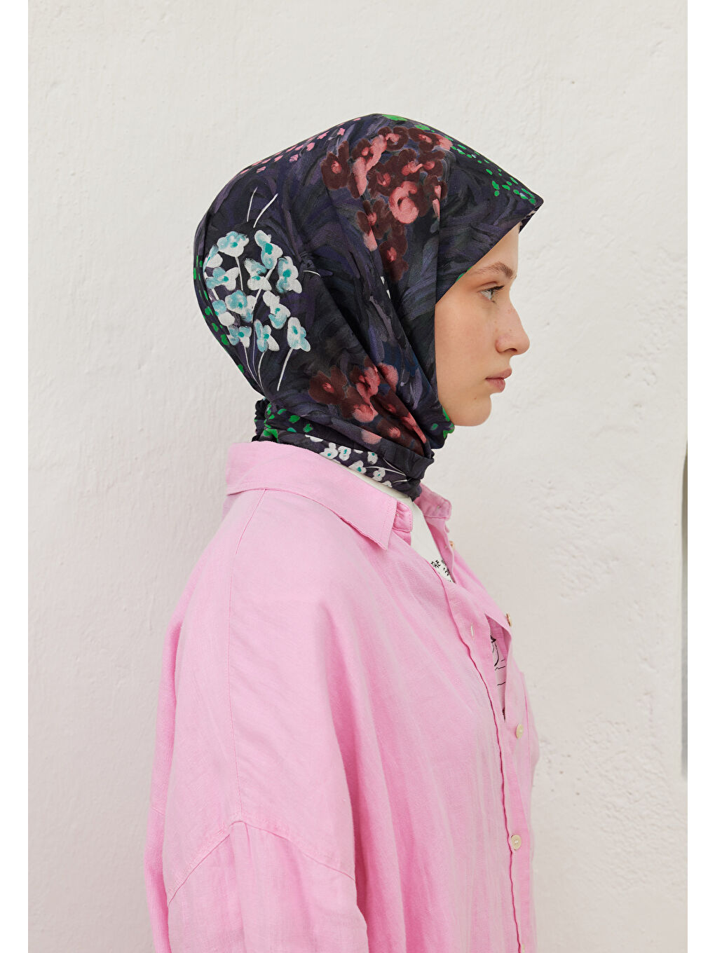 Botanic Desen Pamuk Vual Eşarp Lacivert-2