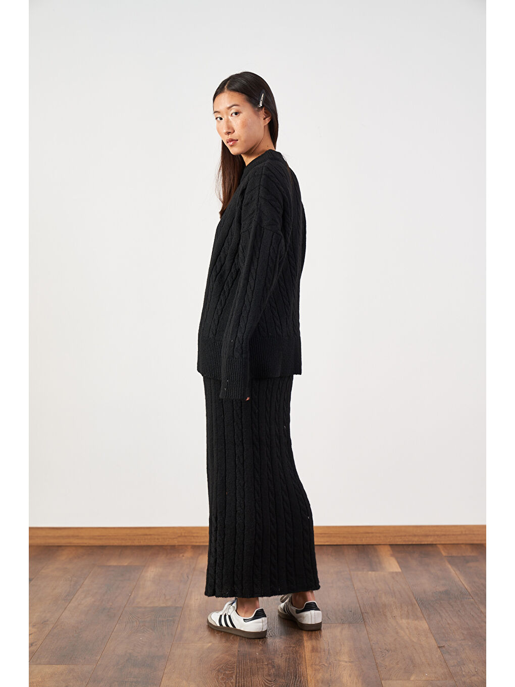 Saç Örgü Oversize Kazak Uzun Etek Triko Takımı Siyah-4