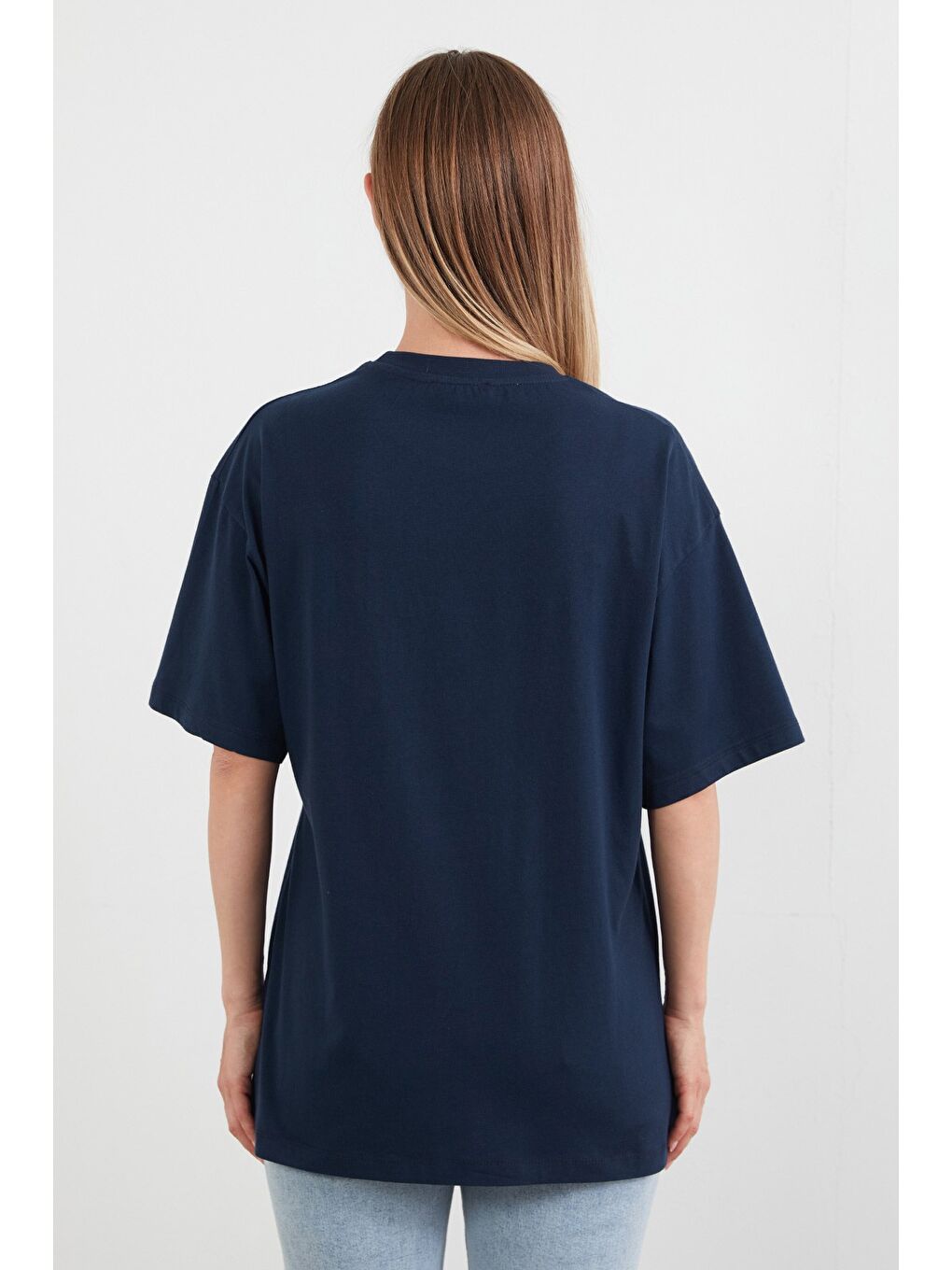 Lacivert Kurdele Nakışlı Oversize Tişört-3