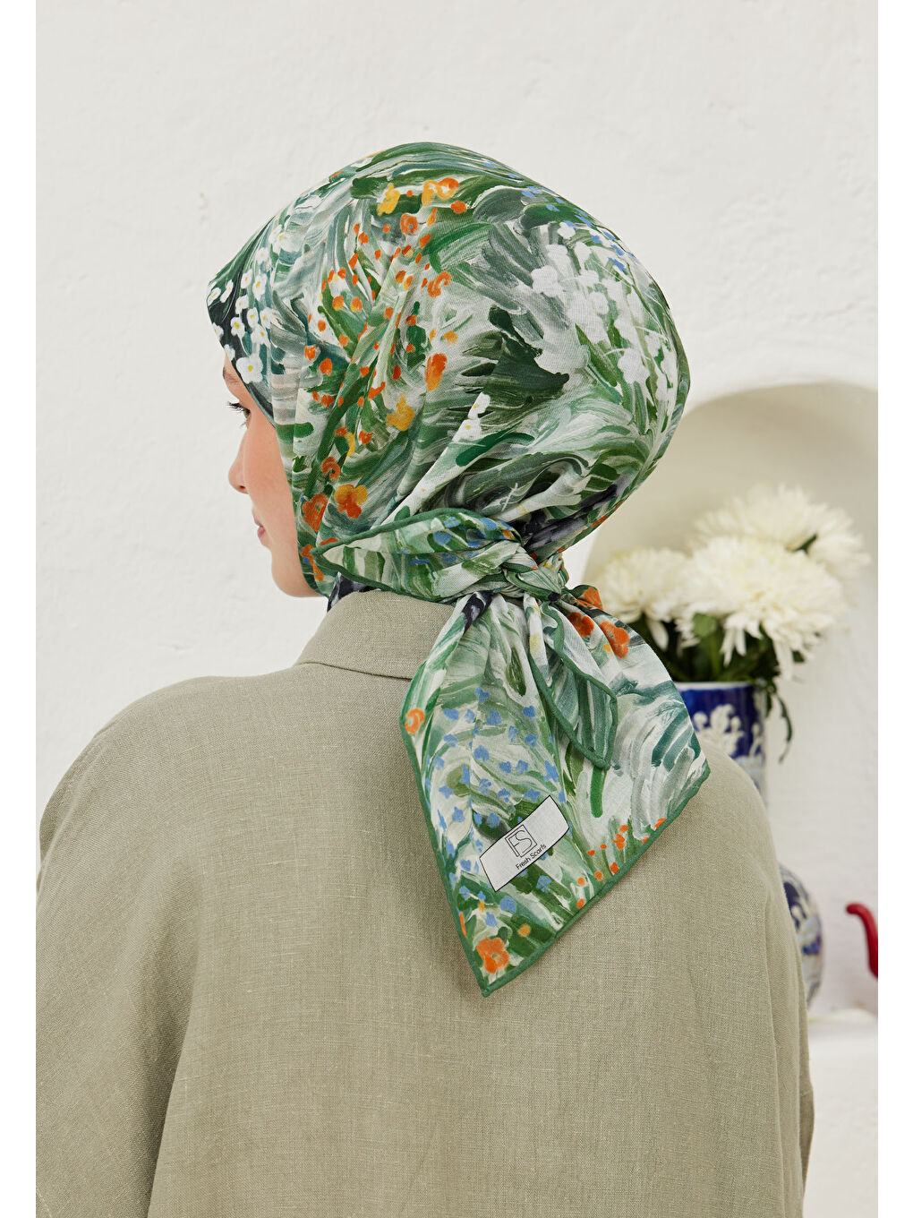 Botanic Desen Pamuk Vual Eşarp Yeşil-3