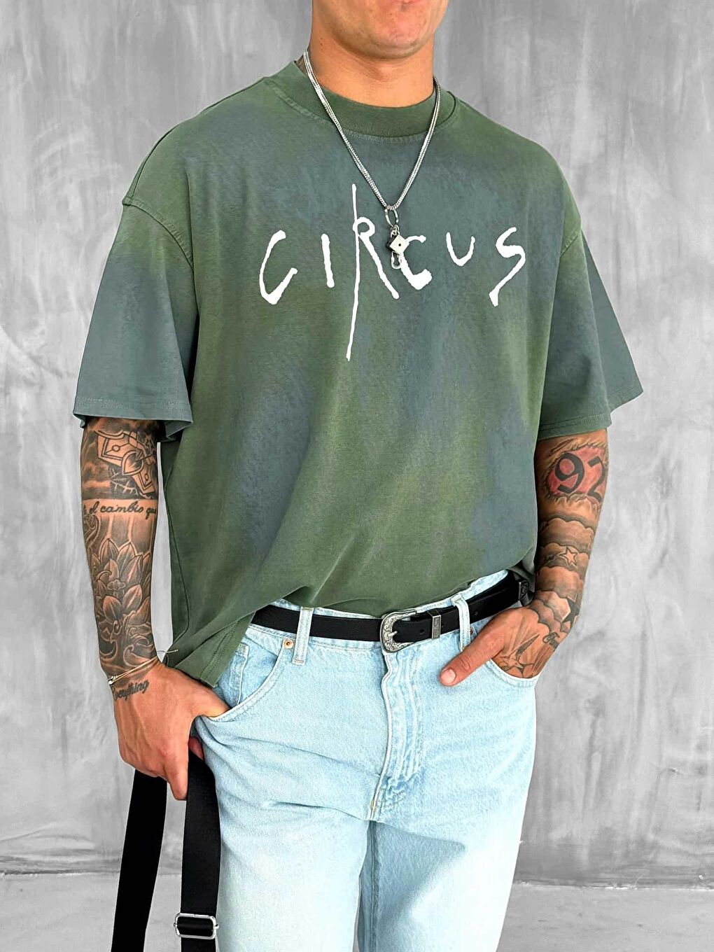 Erkek Cirsus Baskılı Yıkamalı Oversize %100 Pamuk Tişört Haki