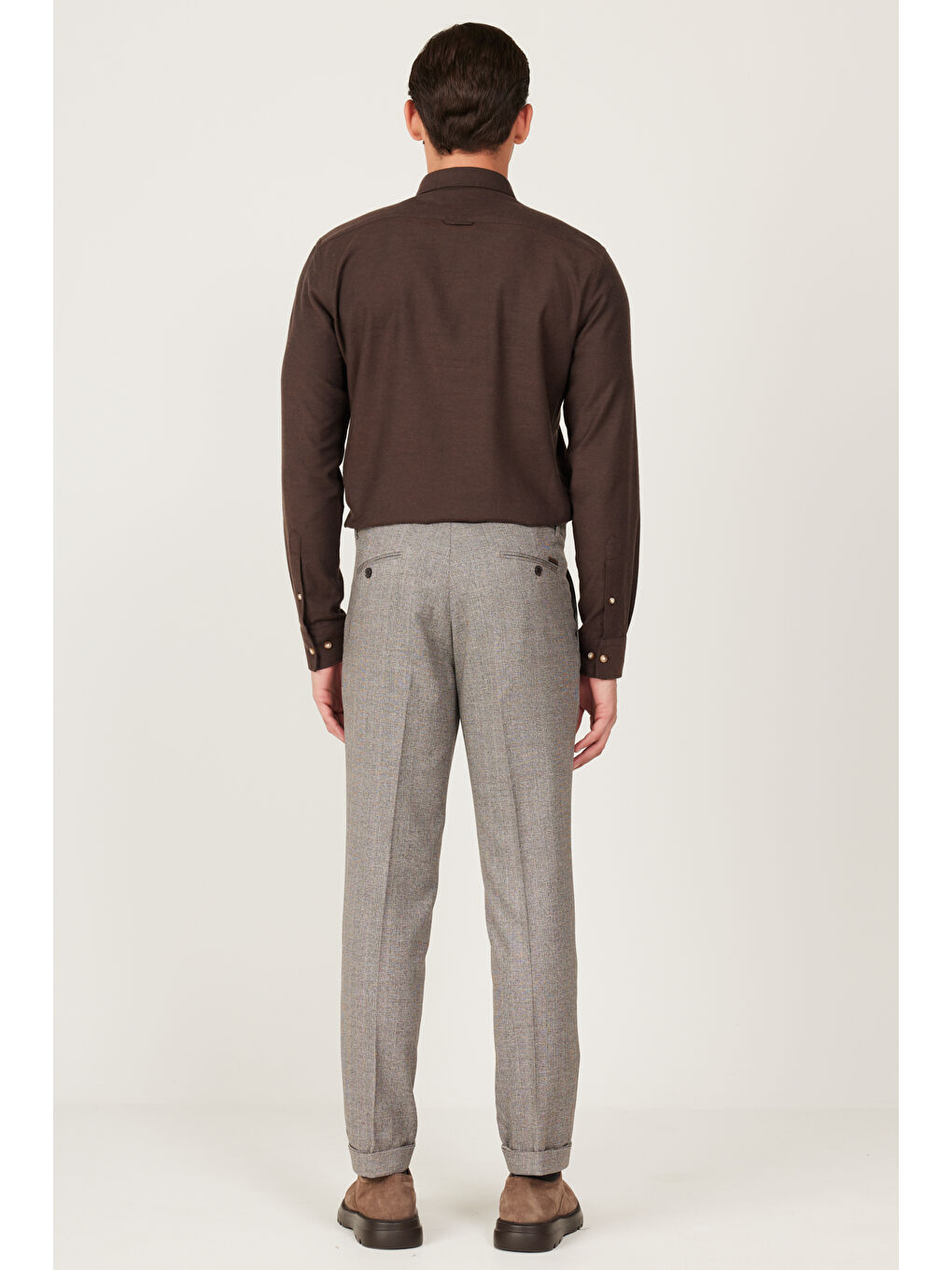 Erkek Kahverengi Comfort Fit Rahat Kesim Beli Lastikli Desenli Esnek Pantolon-6