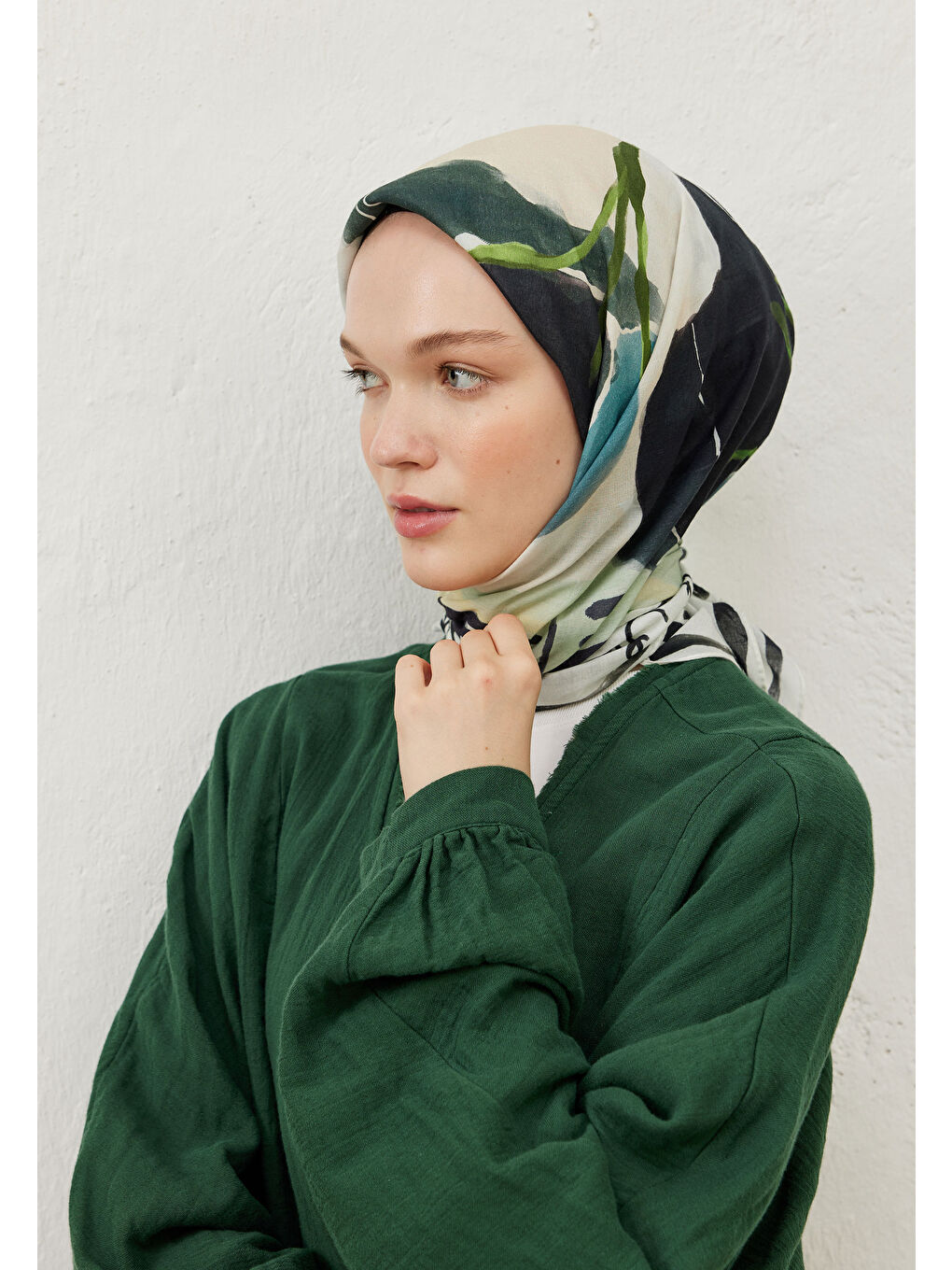 Sunset Memories Desen Pamuk Vual Eşarp Soft Yeşil-1