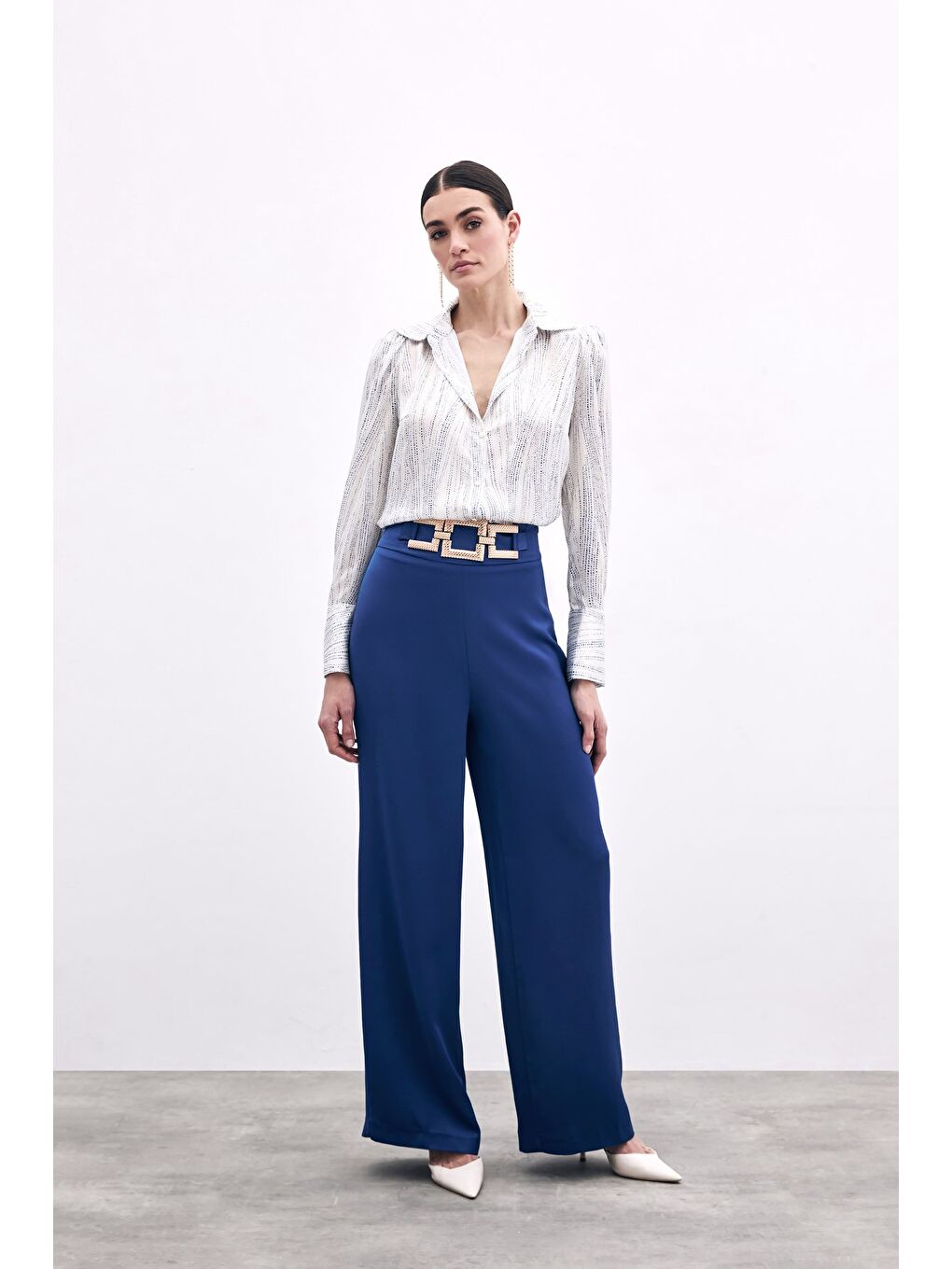 Bel Kemerli Saten Krep Pantolon - Lacivert