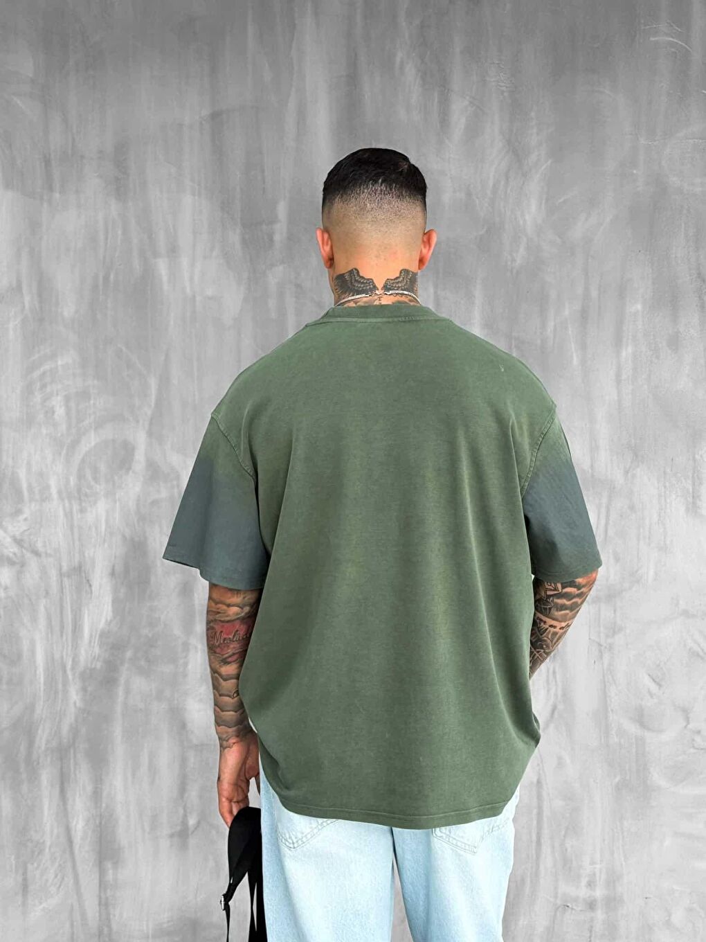 Erkek Cirsus Baskılı Yıkamalı Oversize %100 Pamuk Tişört Haki-2