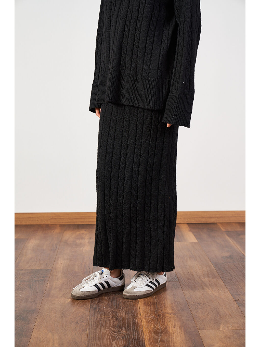 Saç Örgü Oversize Kazak Uzun Etek Triko Takımı Siyah-6