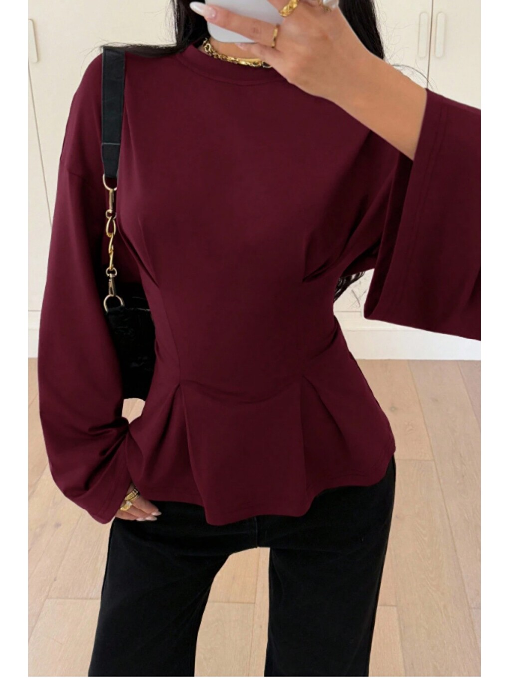 Bordo Kadın Pilet Bel Oturtmalı Peplum Detaylı Uzun Kollu Bluz