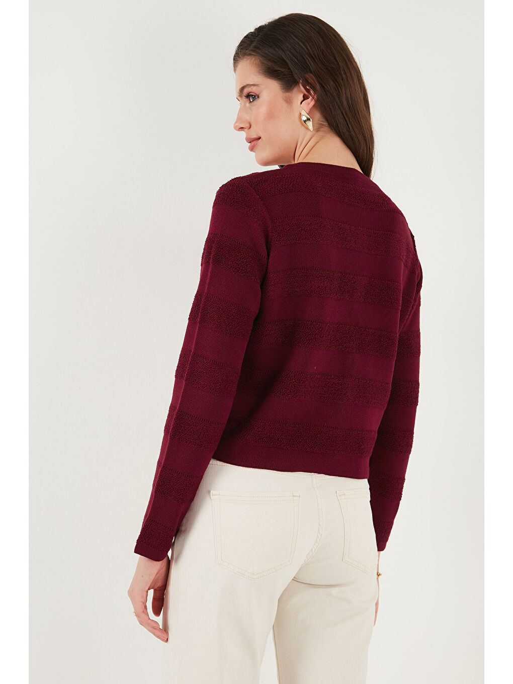 Bordo Premium Regular Fit Bisiklet Yaka Düğmeli Dokulu Triko Hırka 680HI00337-6