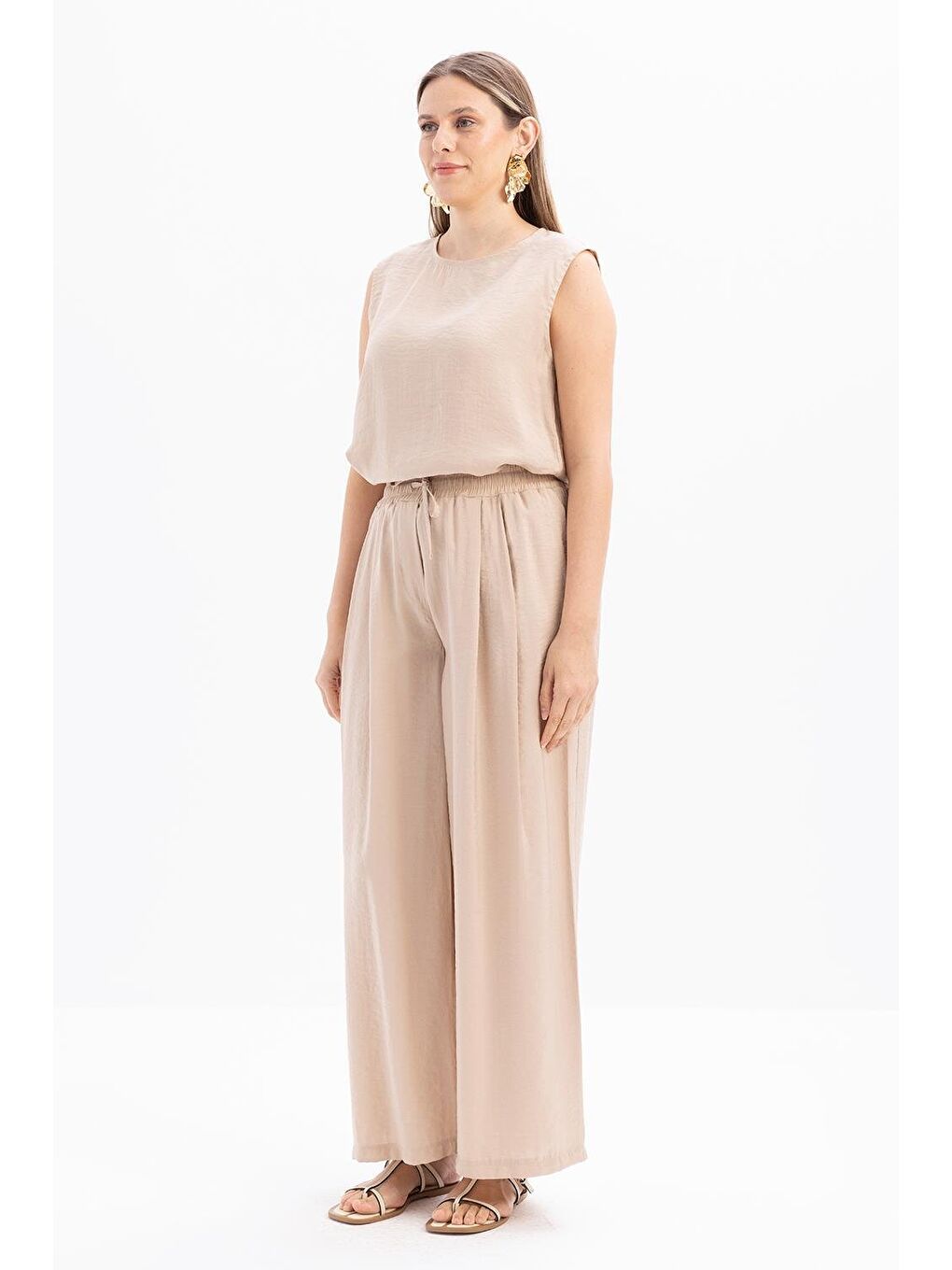 Bej-Beli Lastikli Palazzo Modal Pantolon-1