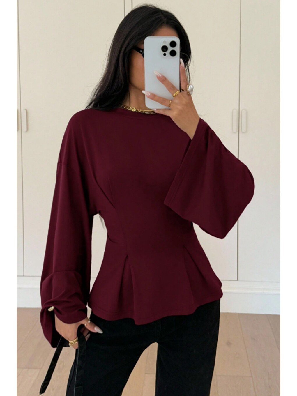 Bordo Kadın Pilet Bel Oturtmalı Peplum Detaylı Uzun Kollu Bluz-1