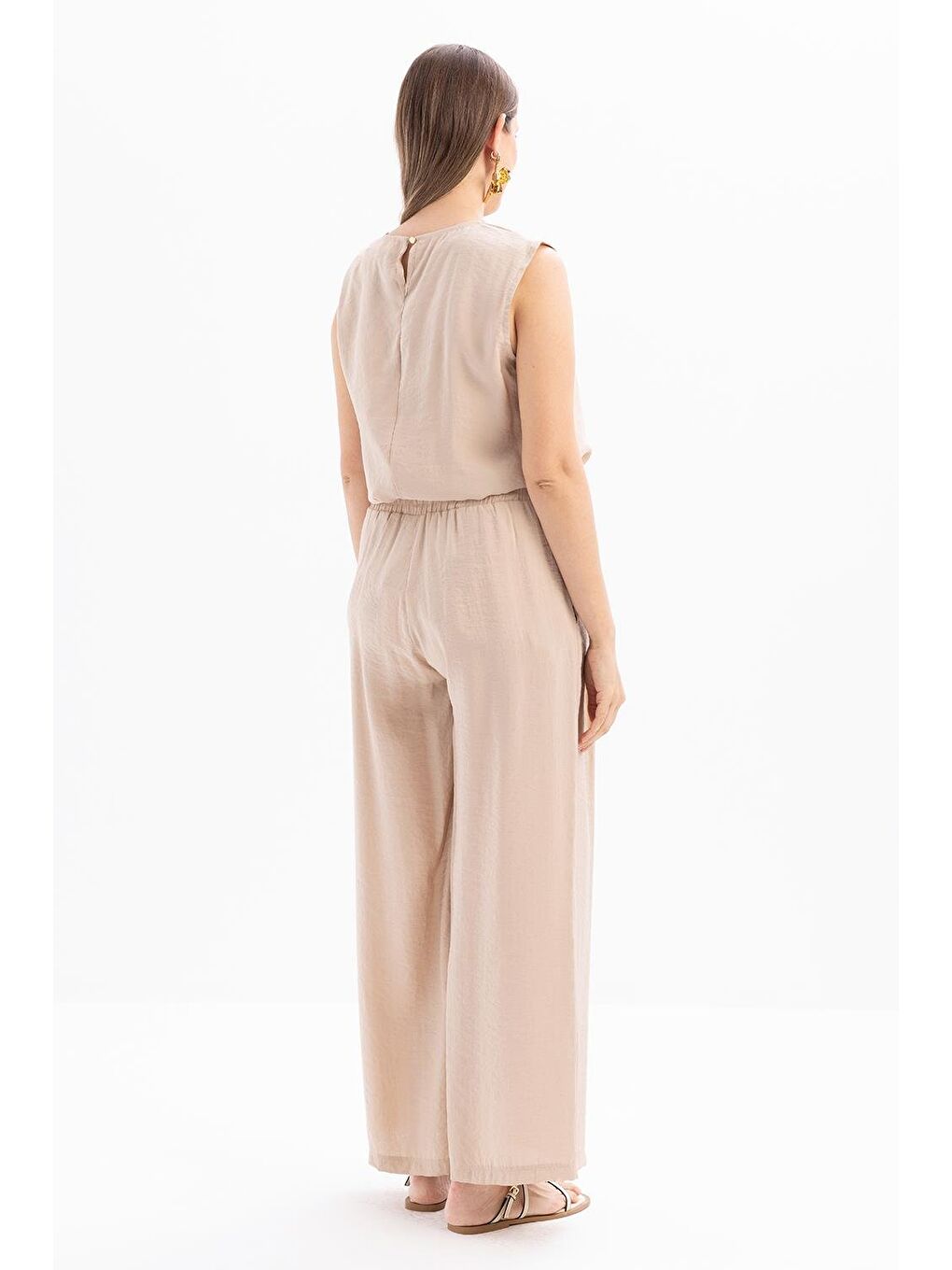 Bej-Beli Lastikli Palazzo Modal Pantolon-2