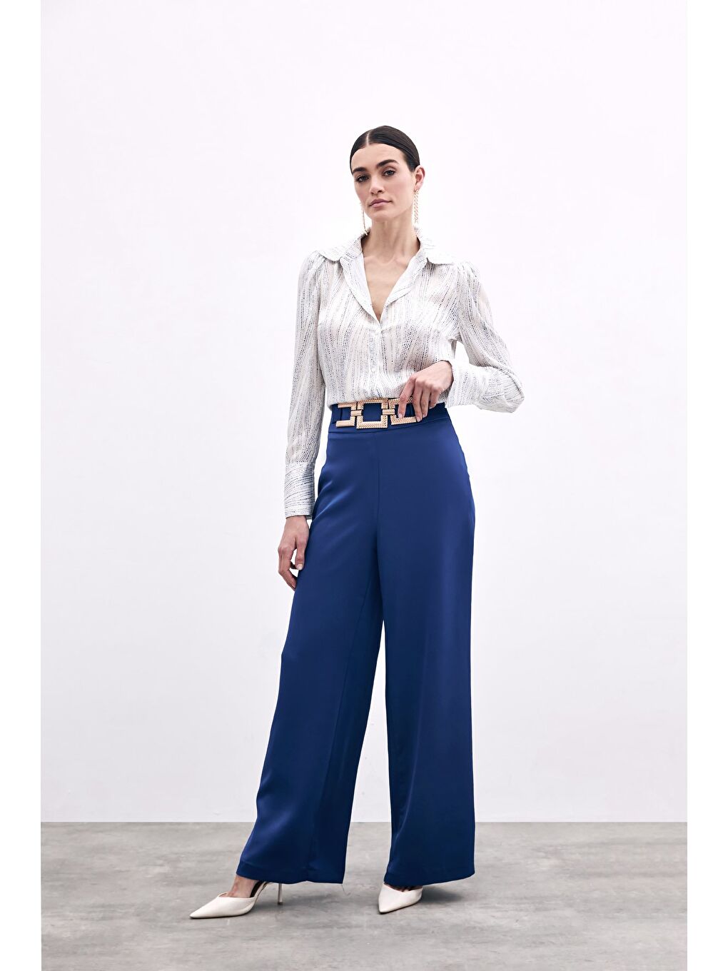 Bel Kemerli Saten Krep Pantolon - Lacivert-3