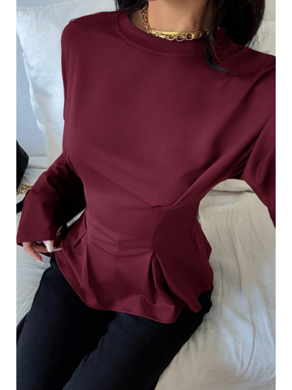 Bordo Kadın Pilet Bel Oturtmalı Peplum Detaylı Uzun Kollu Bluz-2