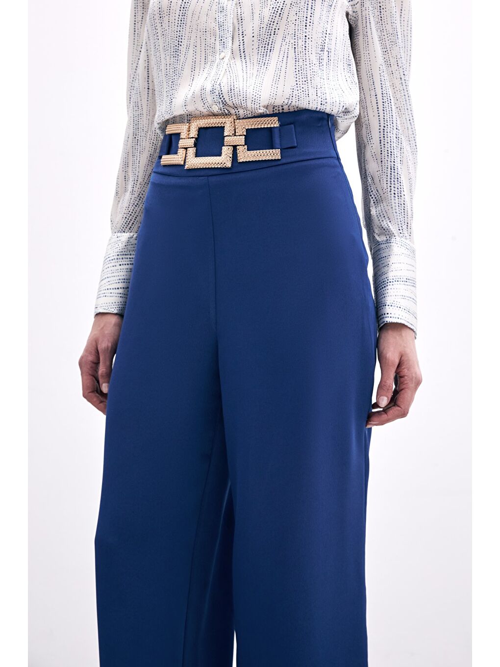 Bel Kemerli Saten Krep Pantolon - Lacivert-4