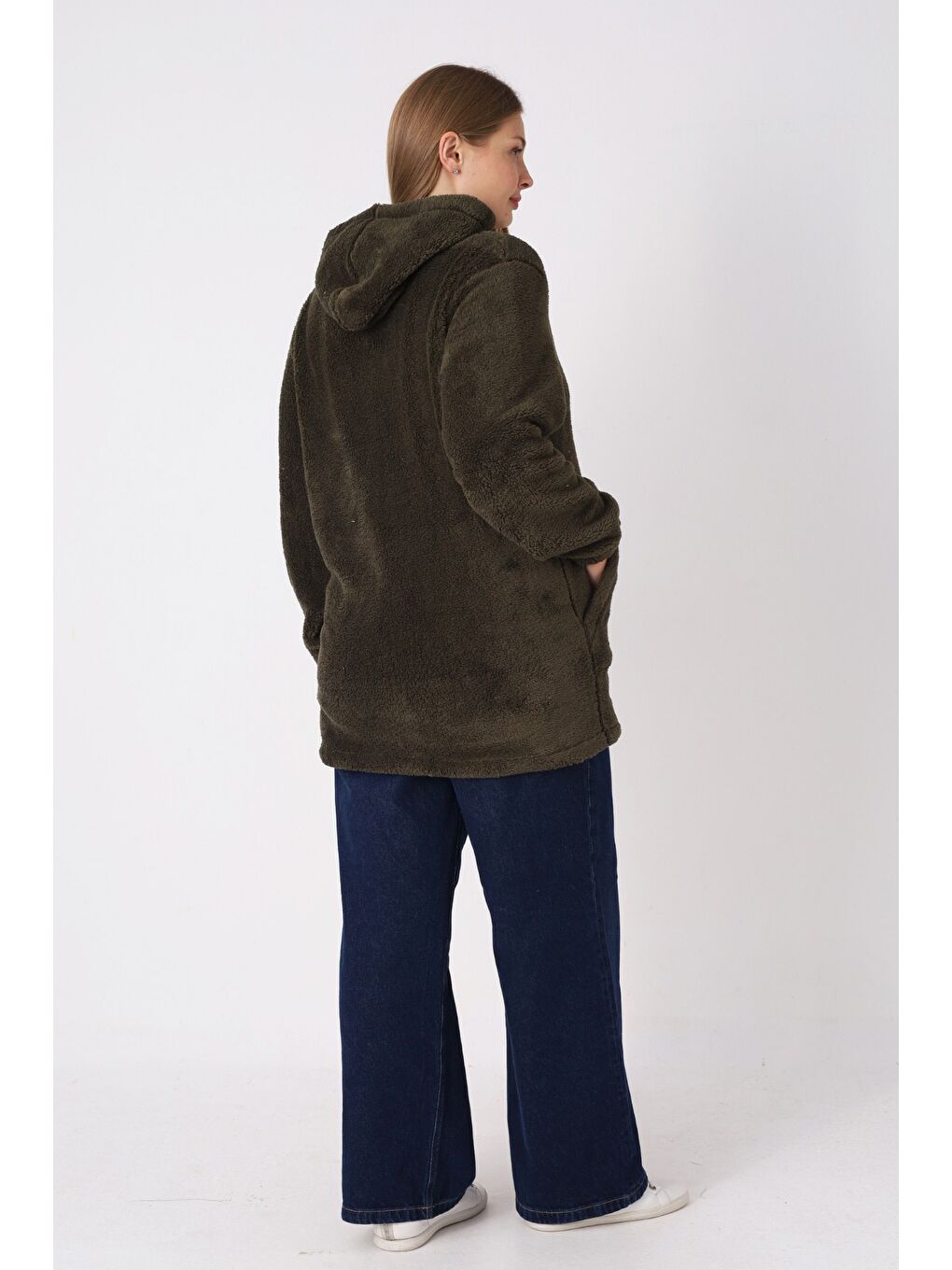 Haki Kadın Büyük Beden Kapüşonlu Fermuarlı Cepli Soft Pelüş Sweatshirt-7