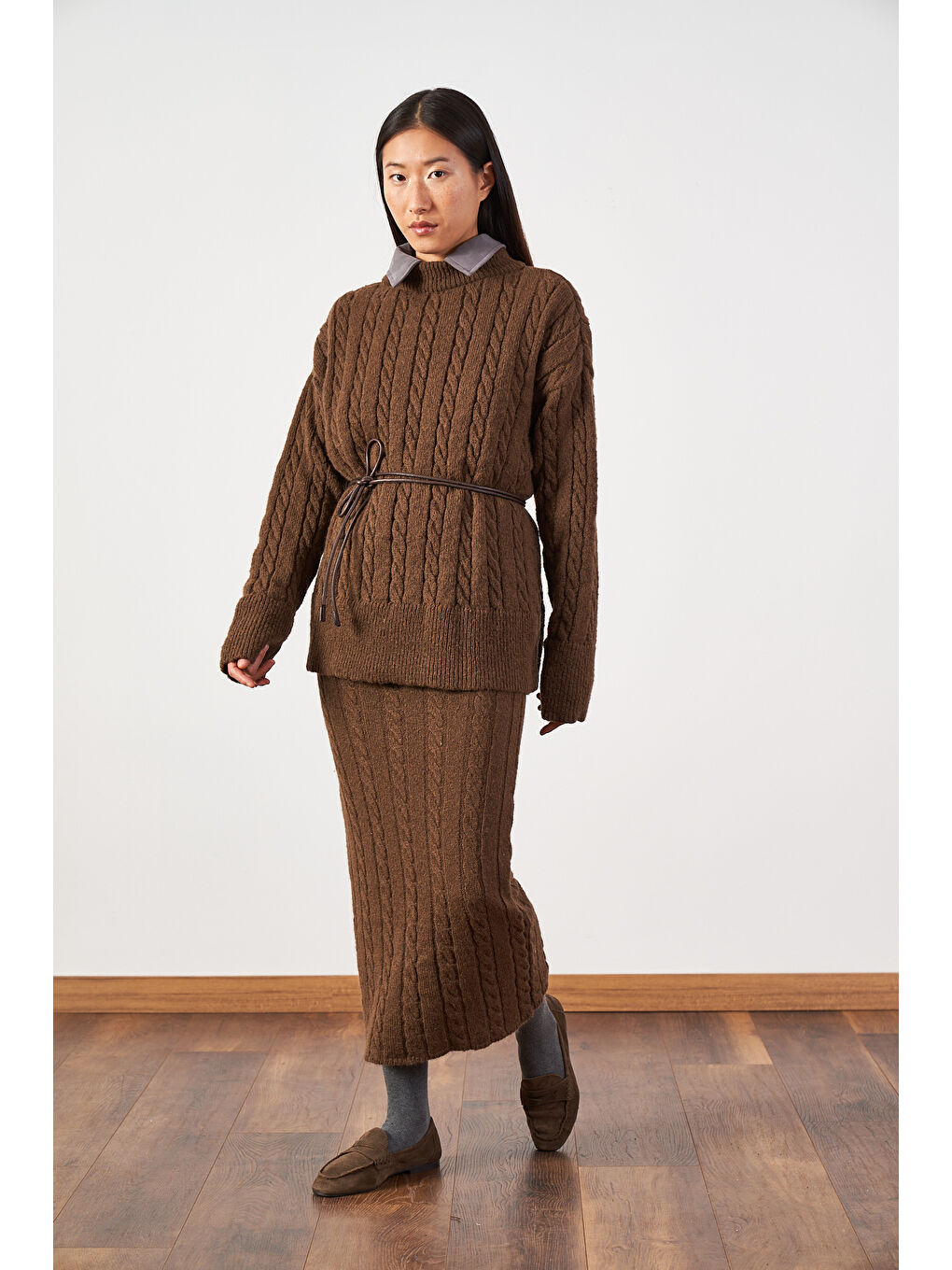 Kahverengi Saç Örgü Oversize Kazak Uzun Etek Triko Takımı Kahve-1