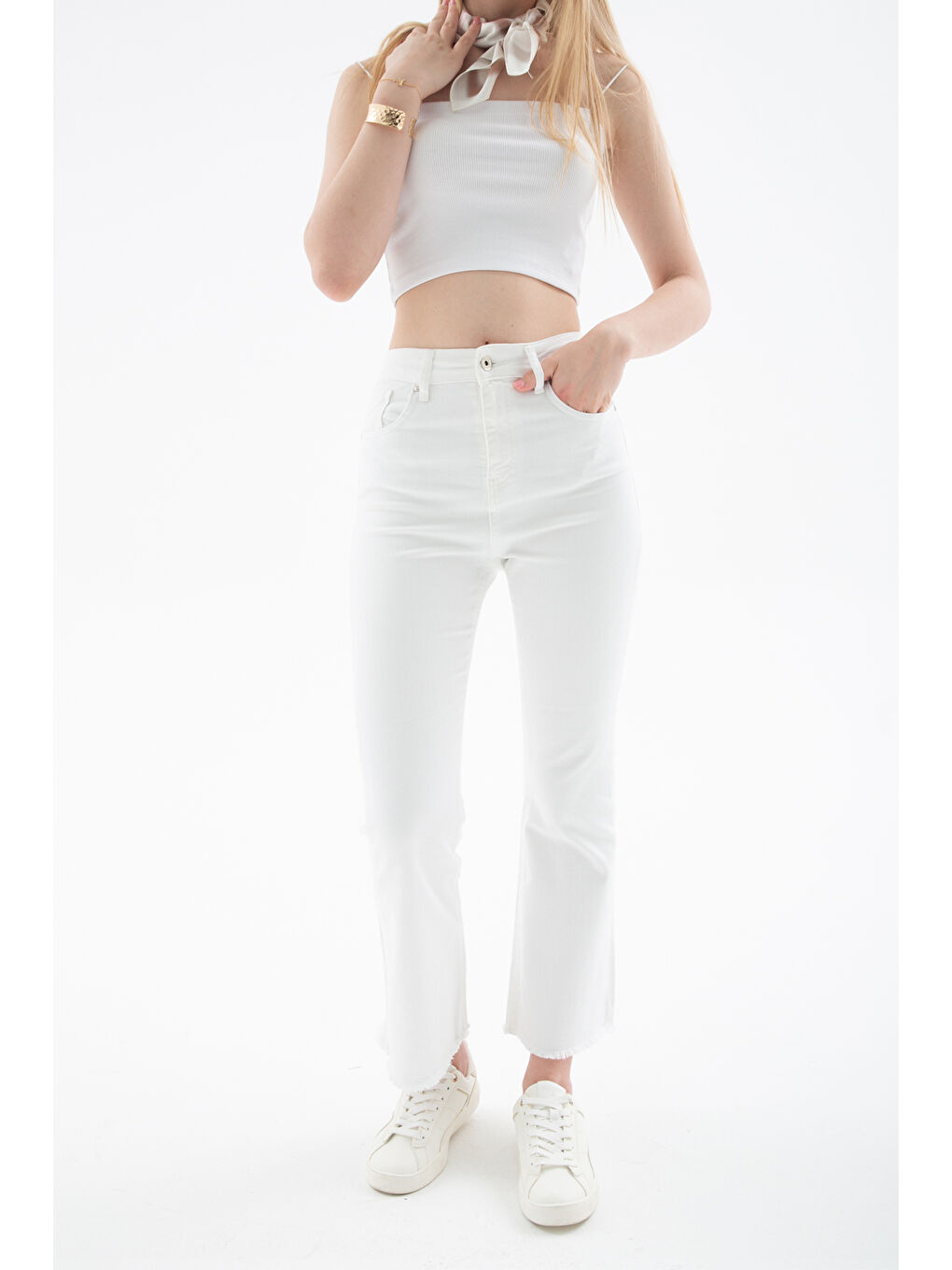 Beyaz Streç Pamuklu Flare Fit Yüksek Bel İspanyol Paça Pantolon 25Y0294K1-1