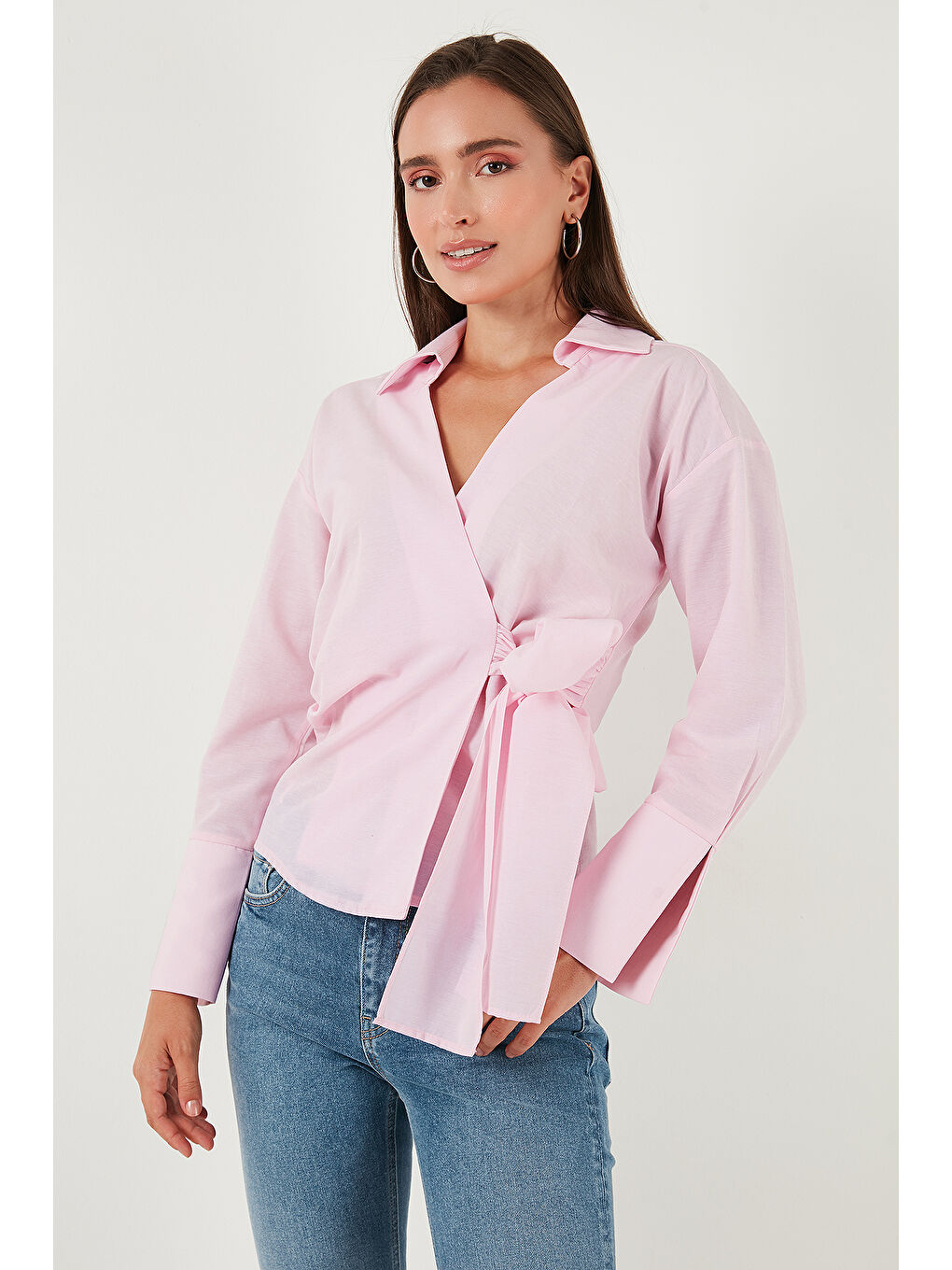 Pembe Pamuklu Regular Fit Uzun Kollu Bağlama Detaylı Gömlek 65200538-3