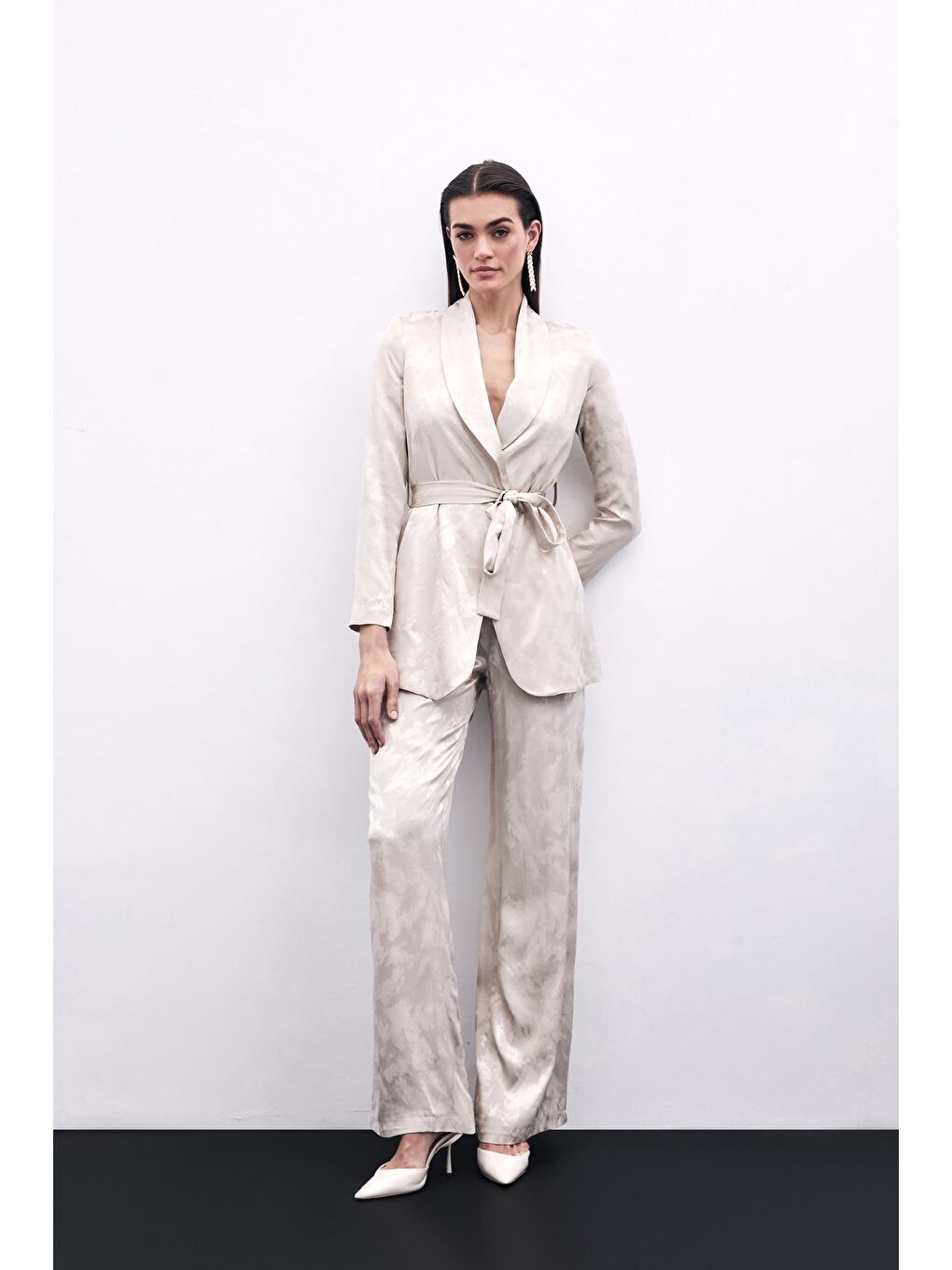 Jakarlı Bol Paça Pantolon - Bej-1