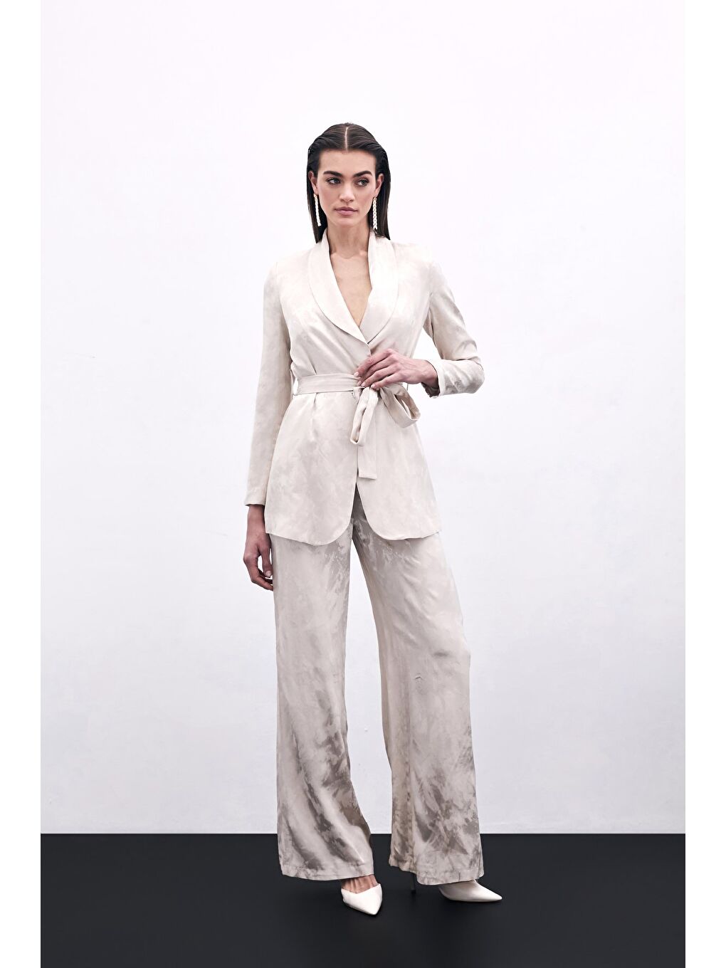 Jakarlı Bol Paça Pantolon - Bej-2