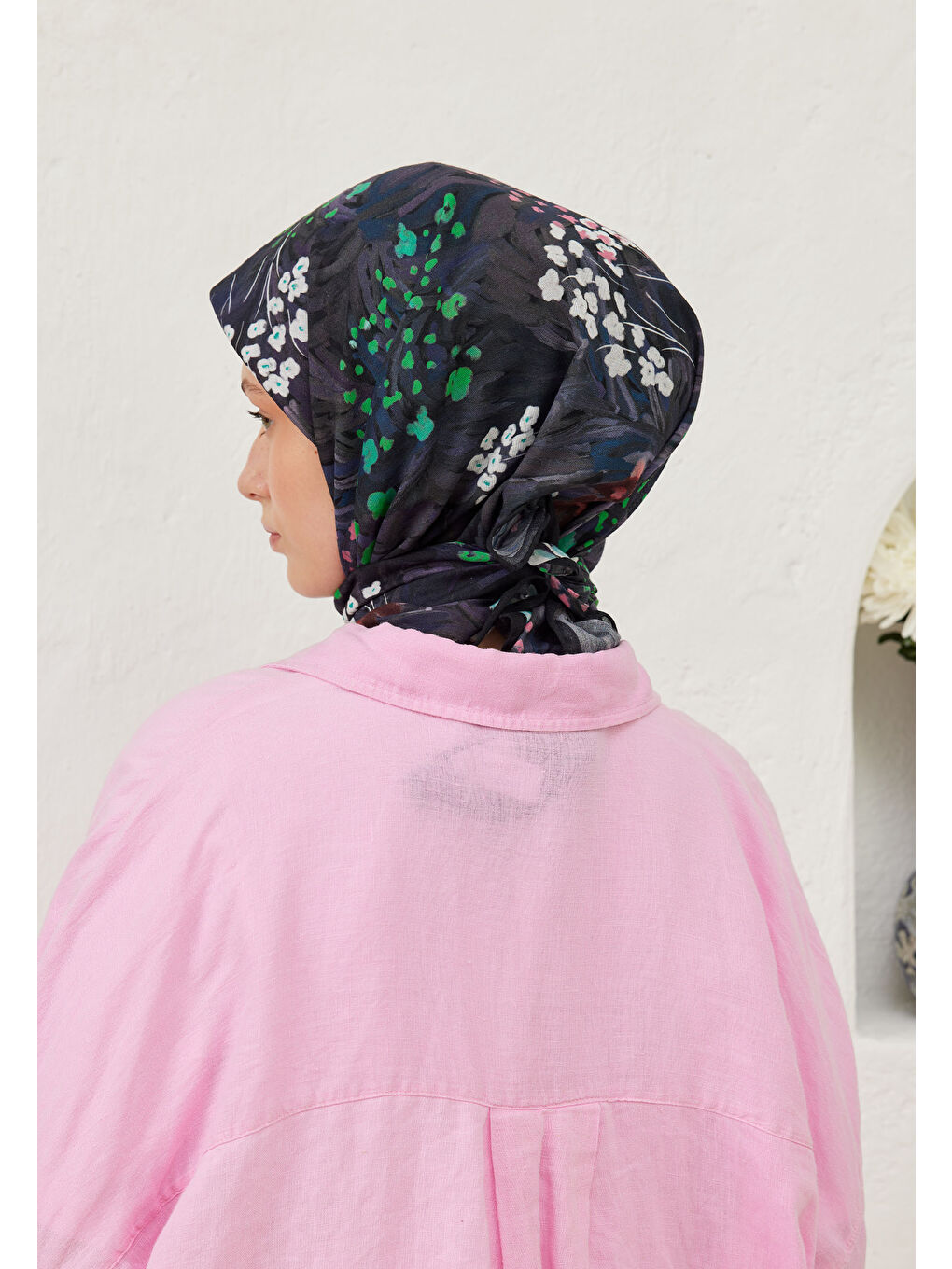 Botanic Desen Pamuk Vual Eşarp Lacivert-3