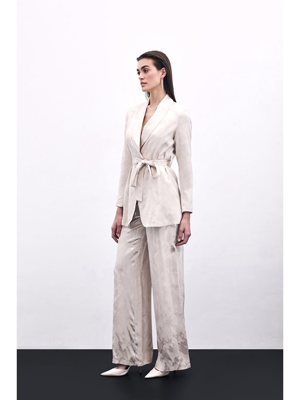 Jakarlı Bol Paça Pantolon - Bej-3