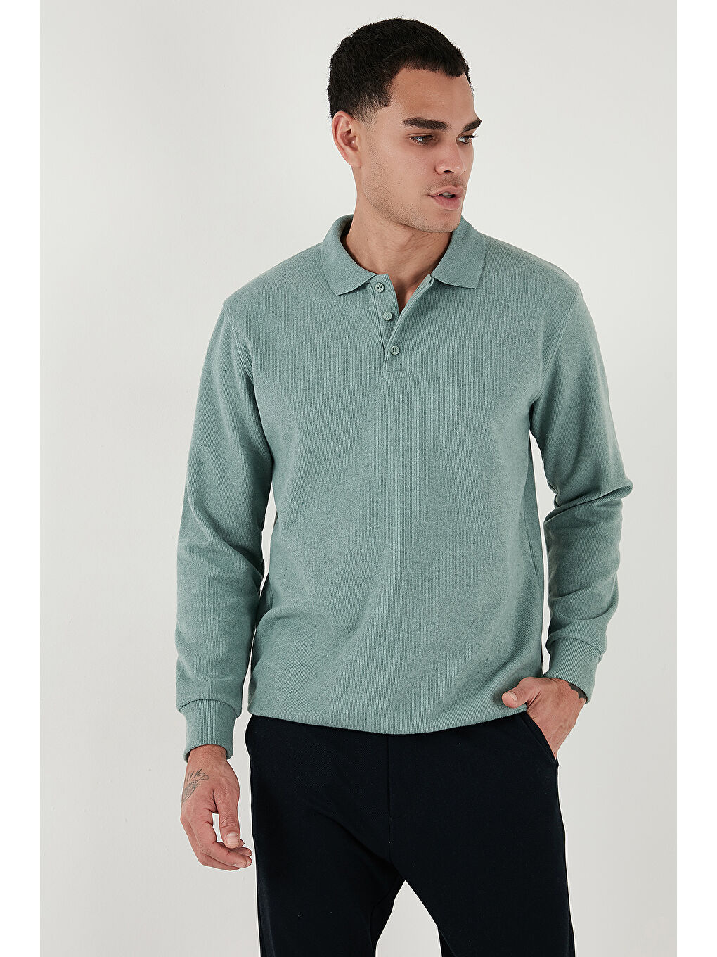 Yeşil Pamuk Karışımlı Regular Fit Polo Yaka Erkek Kazak 456223-1