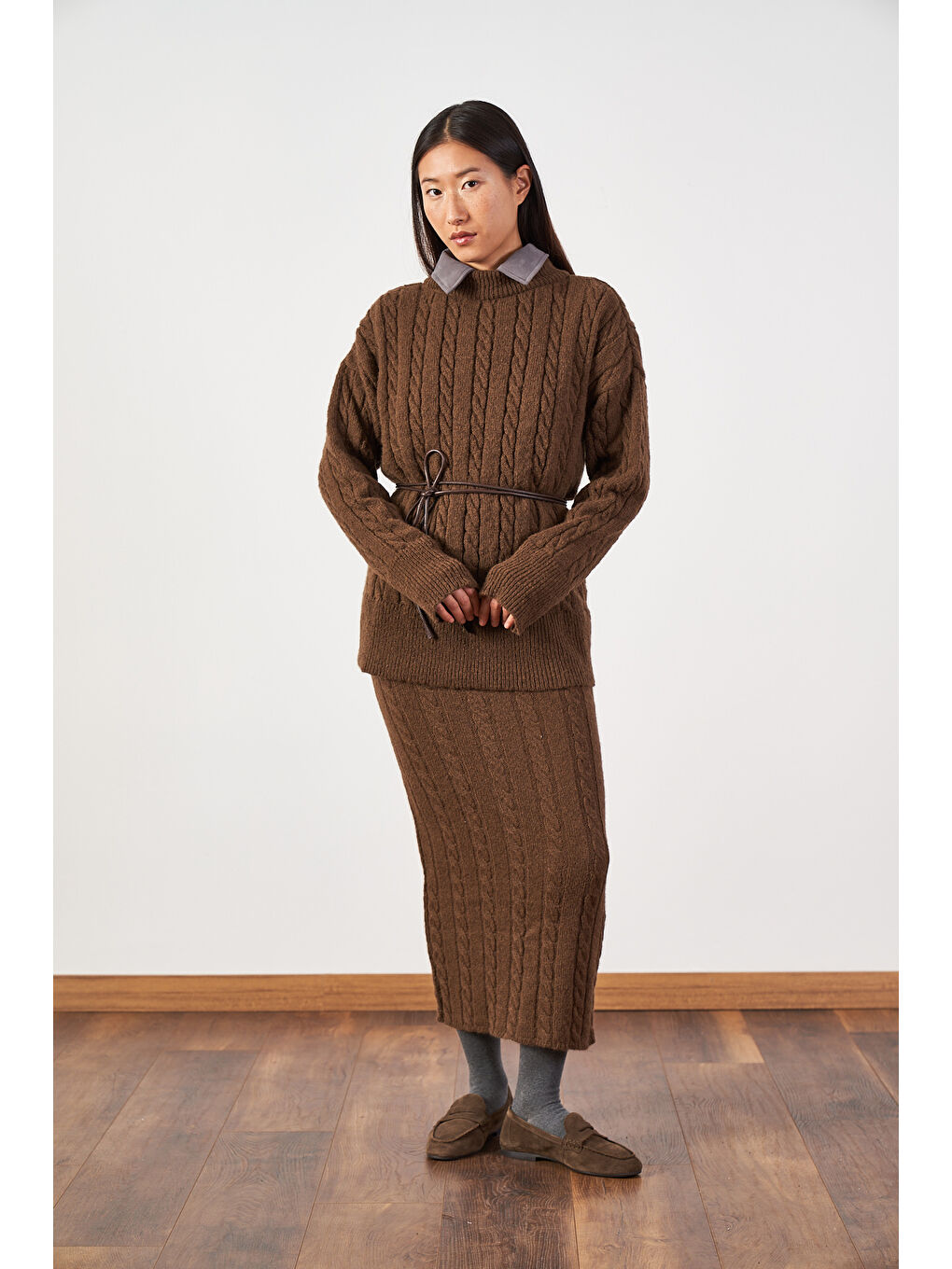 Kahverengi Saç Örgü Oversize Kazak Uzun Etek Triko Takımı Kahve-2