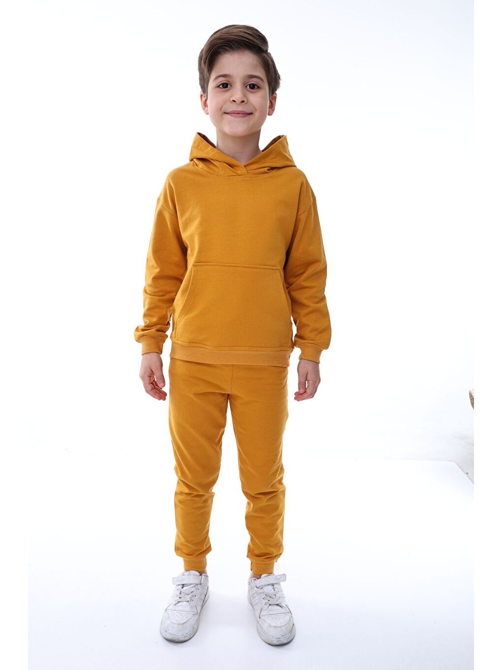 Sarı Basic Kapüşonlu 2 İplik Şardonlu Kanguru Cepli Çocuk Eşofman Takımı 3-10 Yaş Haki-1
