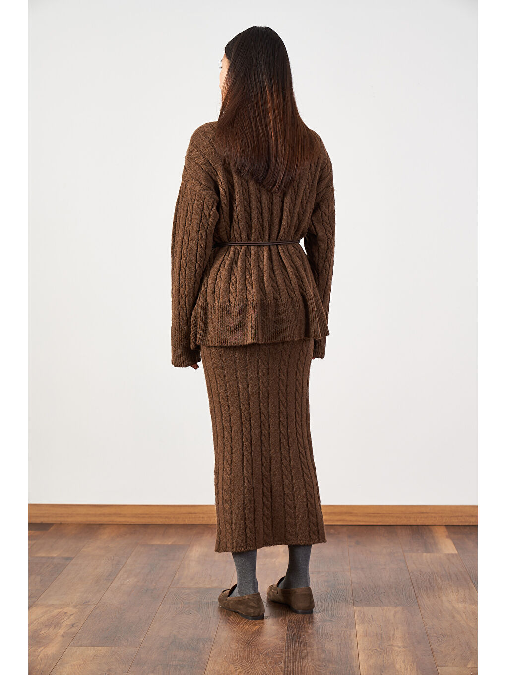 Kahverengi Saç Örgü Oversize Kazak Uzun Etek Triko Takımı Kahve-3