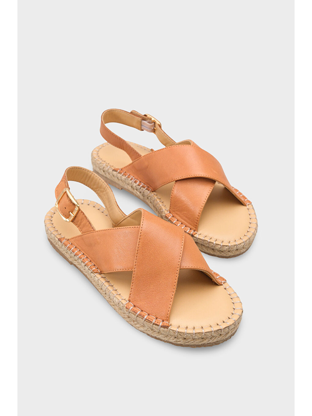Kahverengi Lilian Hakiki Deri Espadril Tabanlı Kadın Sandalet-1