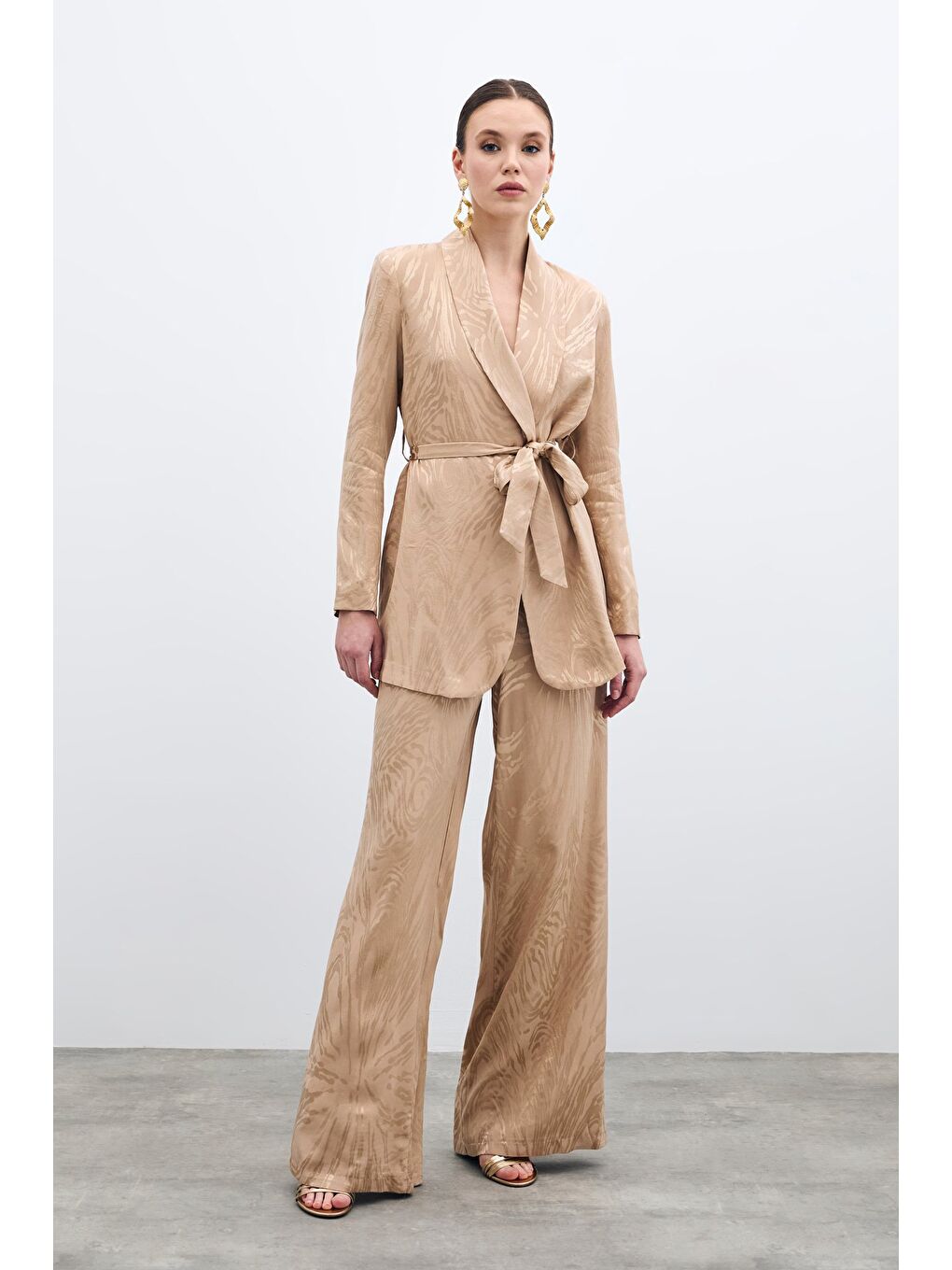 Bej Yüksek Bel Desenli Pantolon - Vizon-1