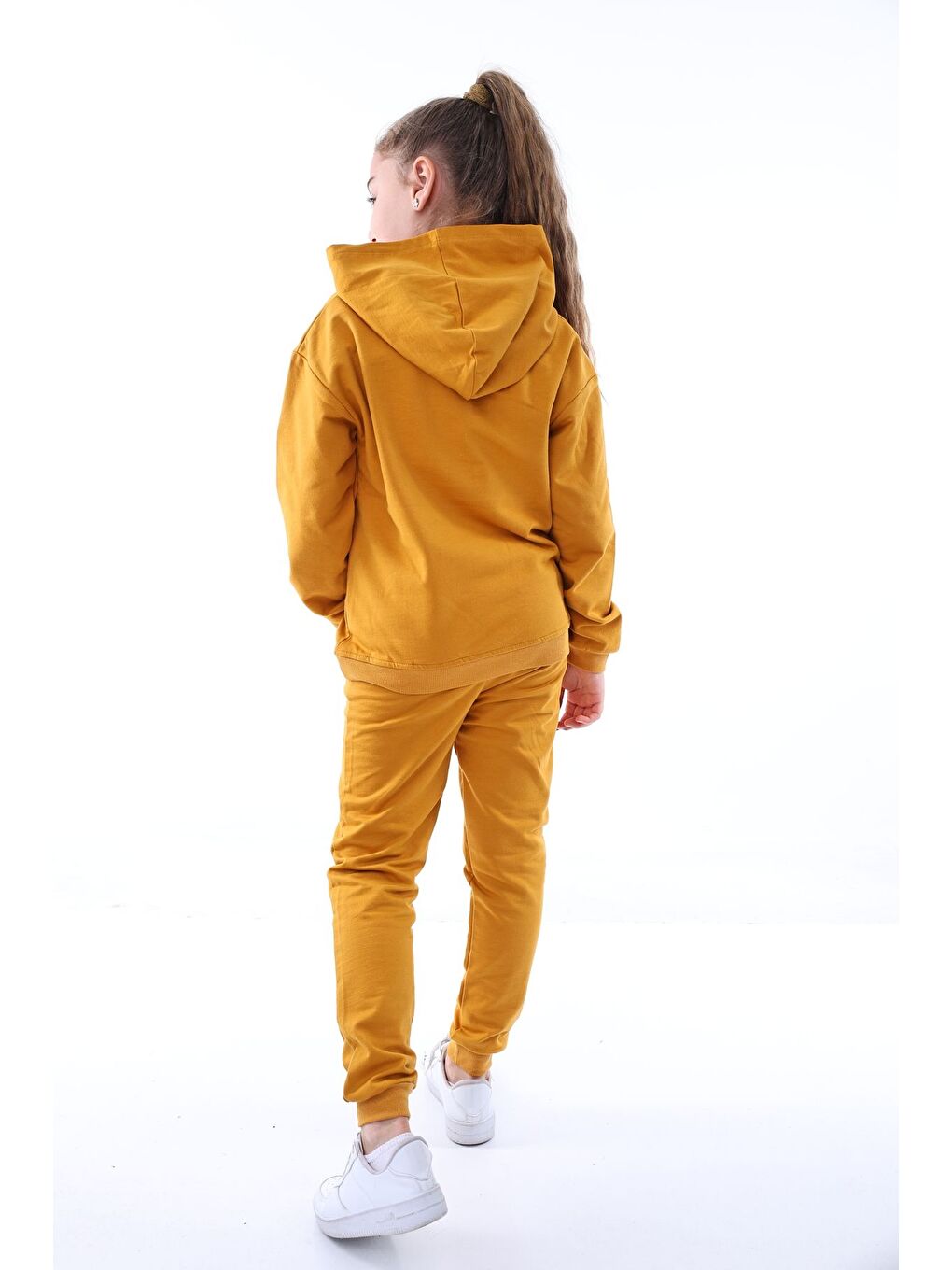 Sarı Basic Kapüşonlu 2 İplik Şardonlu Kanguru Cepli Çocuk Eşofman Takımı 3-10 Yaş Haki-2