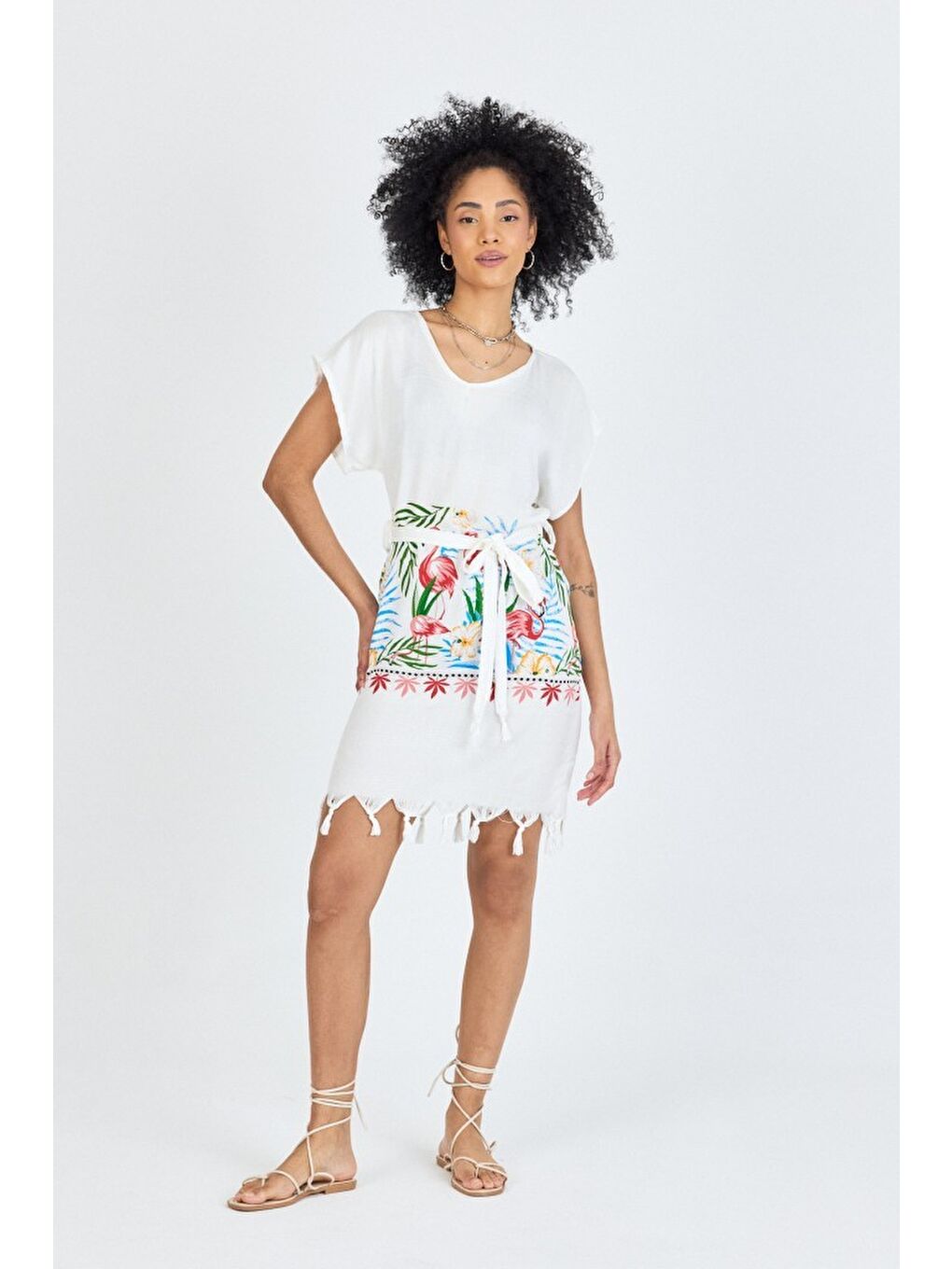 Beyaz Samira Baskılı Bambu Plaj Elbisesi Pareo Havlu-1