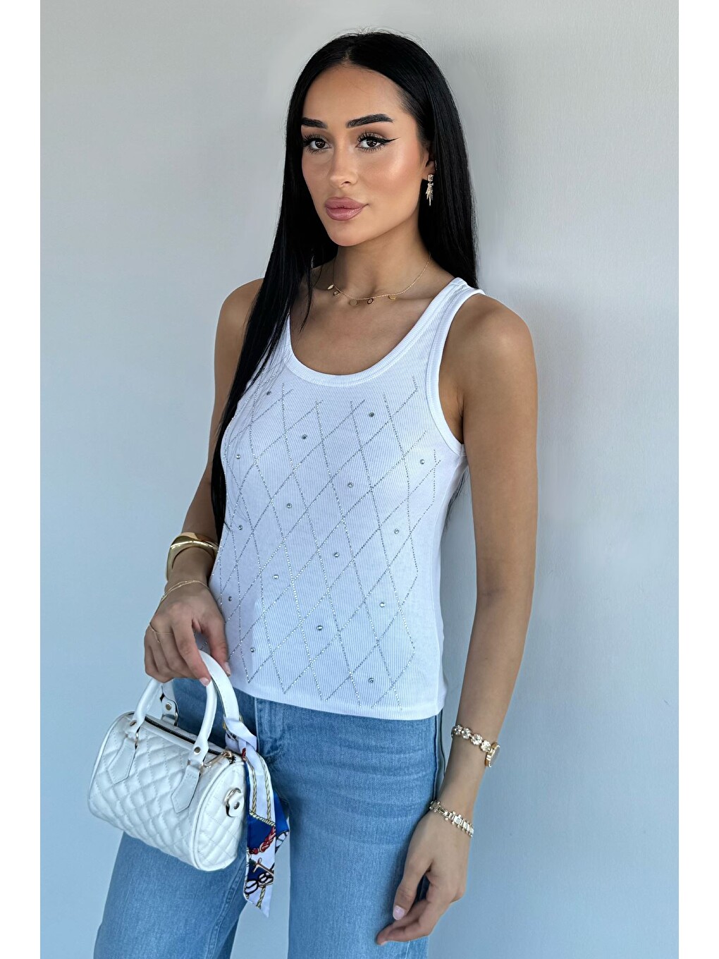 Beyaz Ön Taşlı Kaşkorse Bluz-1