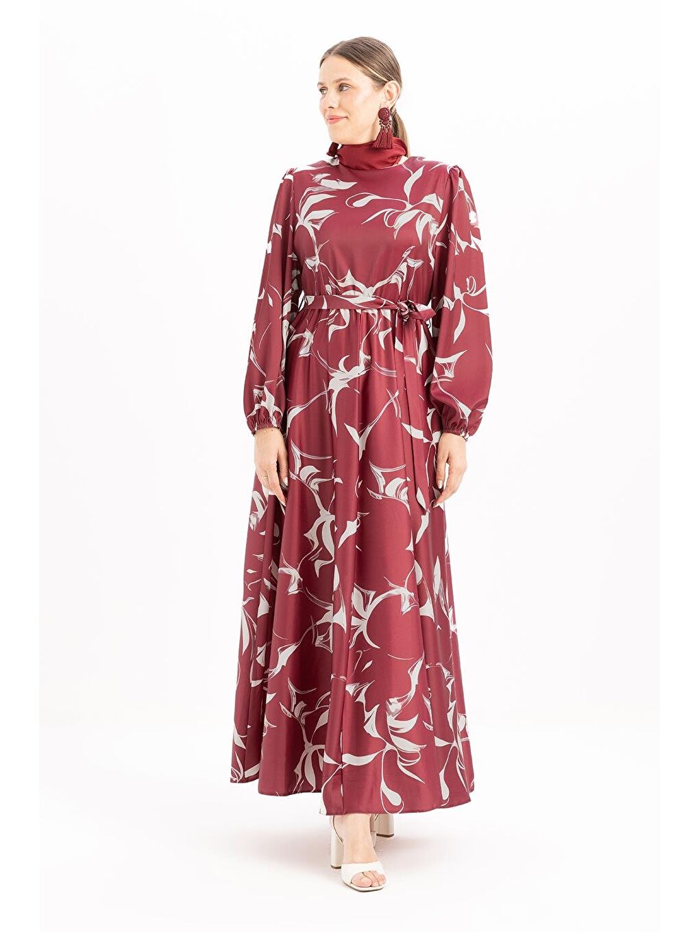 Bordo-Taş-Desenli Kuşaklı Elbise