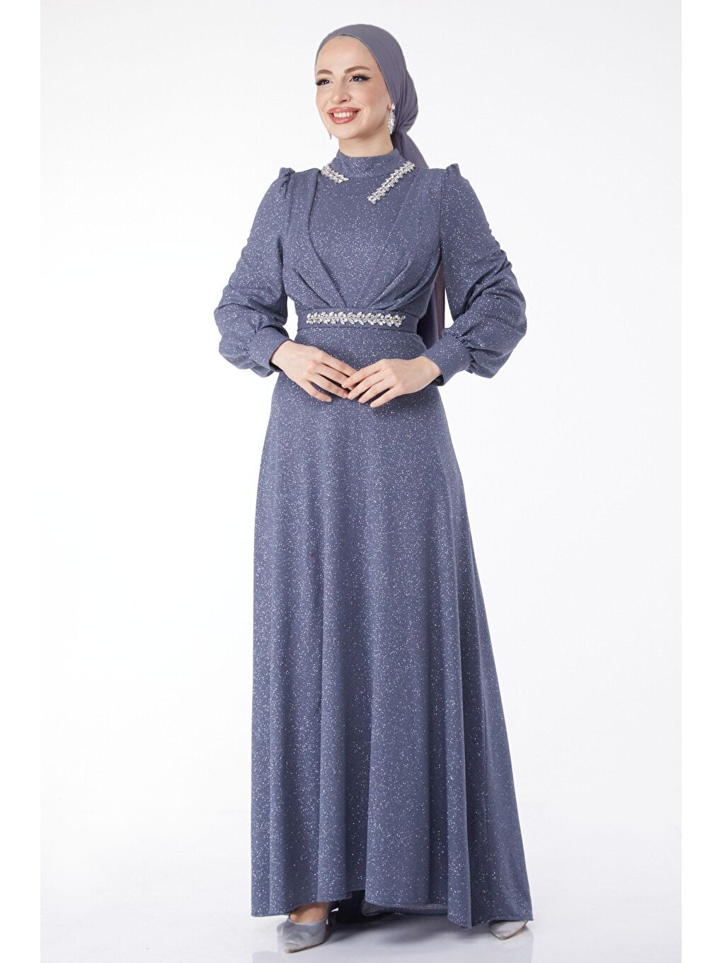 Hakim Yaka Kadın Gri Simli Yaka Taş Detaylı Abiye Elbise - 24594