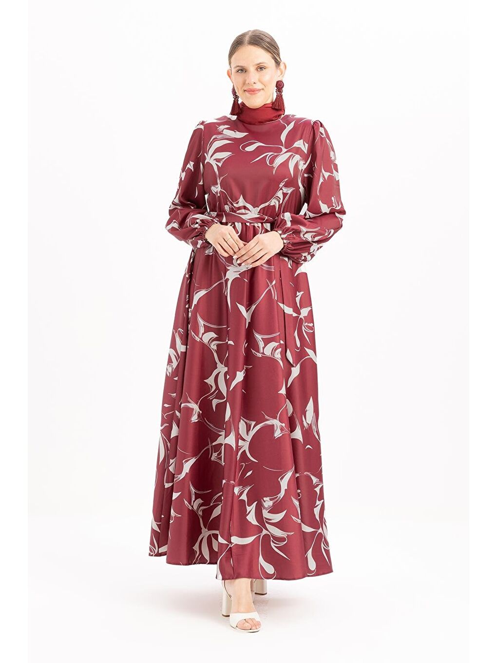 Bordo-Taş-Desenli Kuşaklı Elbise-1
