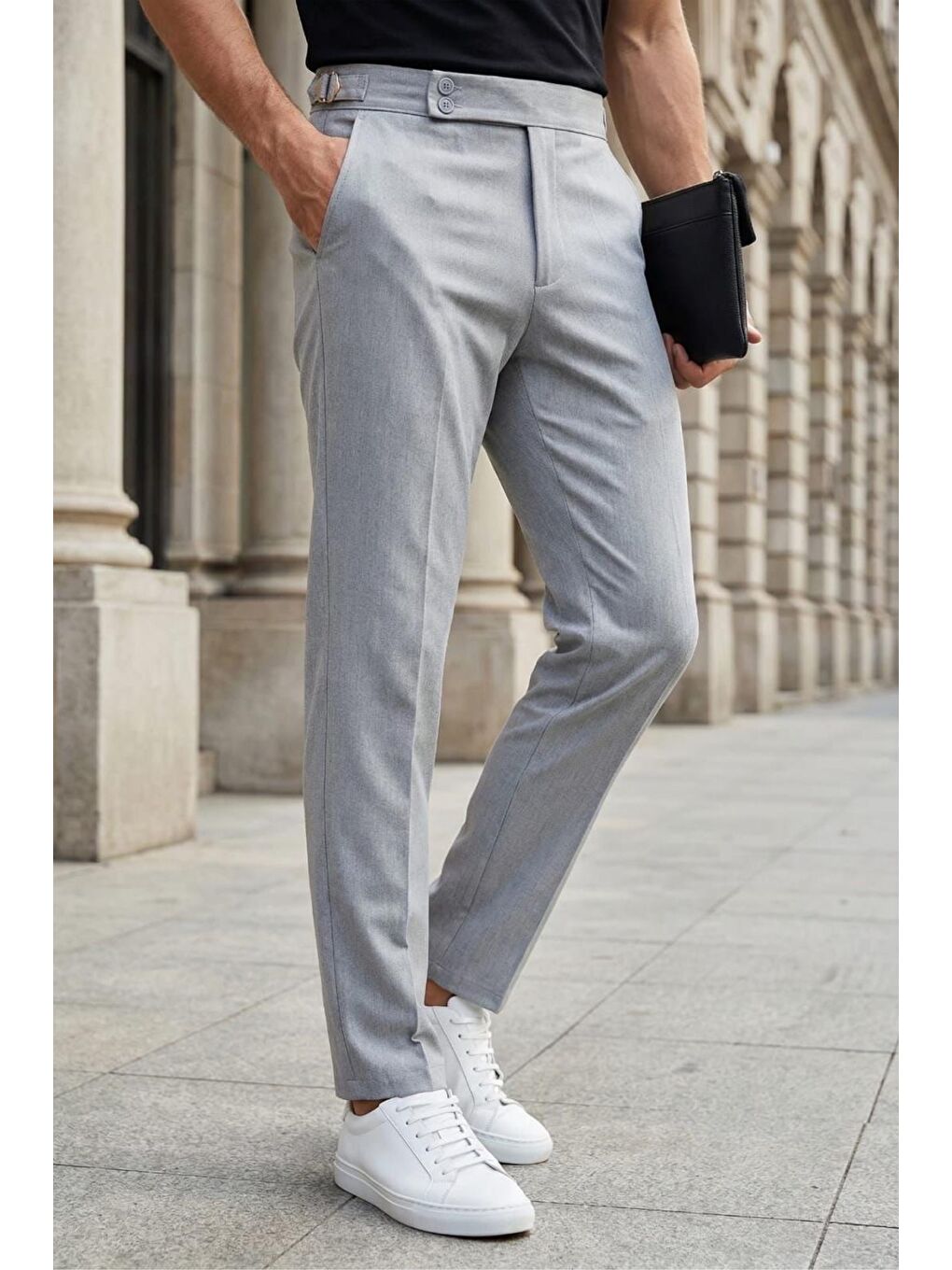 Gri Gurkha Stil Yan Ayarlı Metal Tokalı Slim Fit Erkek Kumaş Pantolon Özel Kesim Kruvaze Bel-1