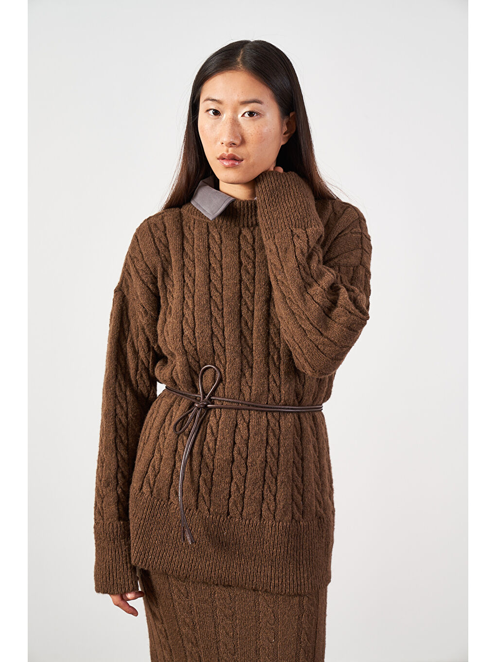 Kahverengi Saç Örgü Oversize Kazak Uzun Etek Triko Takımı Kahve-5