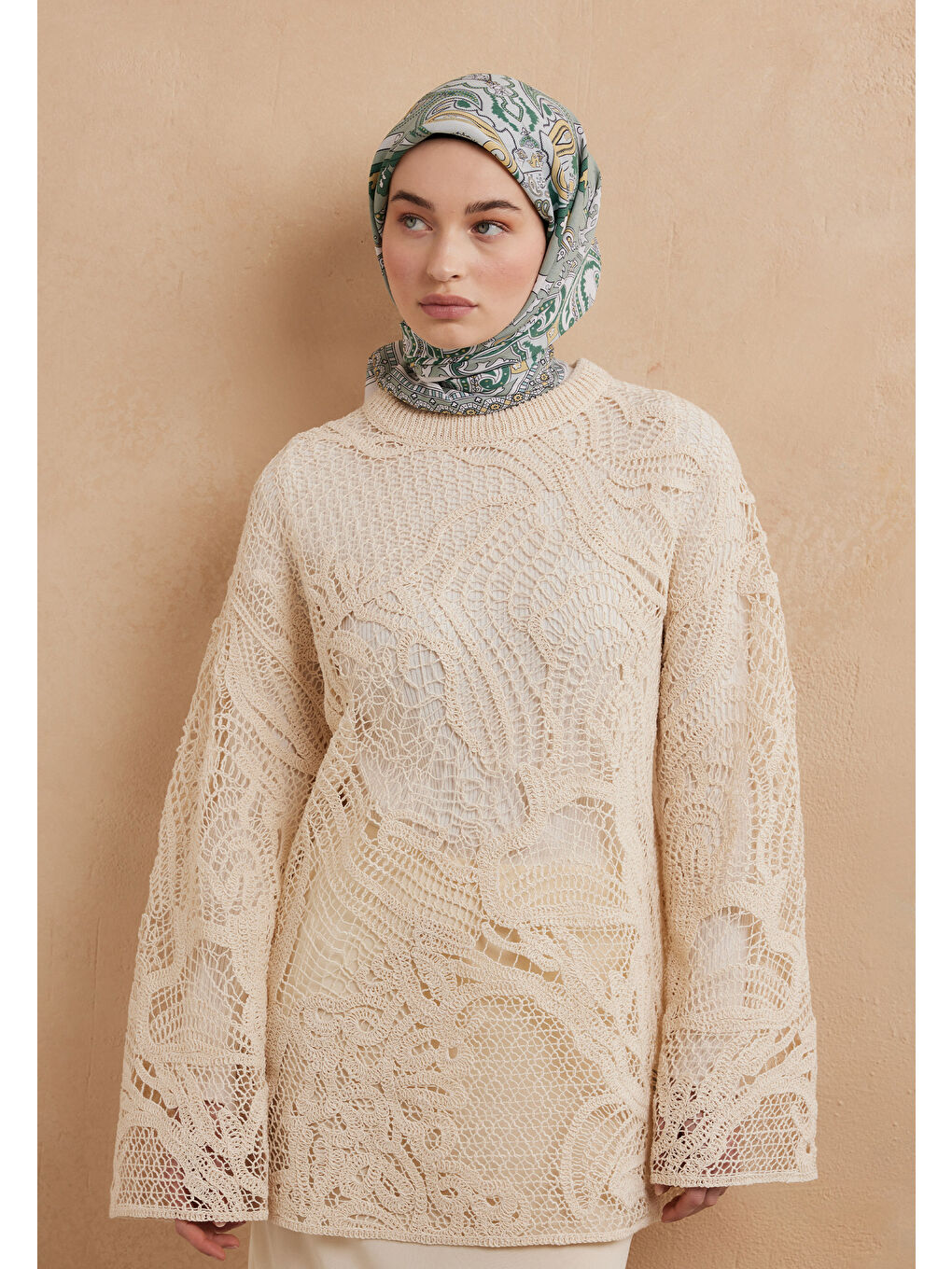 Yeşil Lena Desen Pamuk İpek Eşarp Çağla